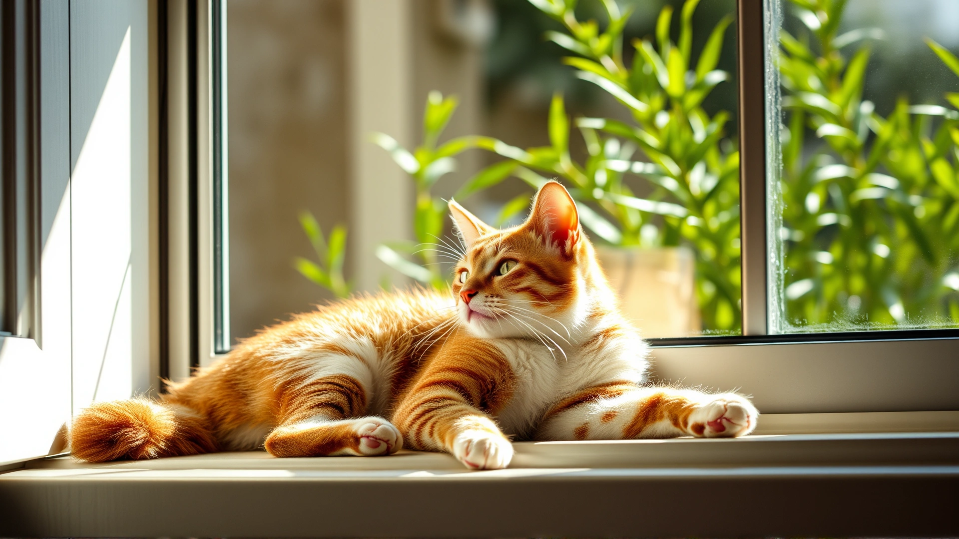 Bright, warm image of a healthy recovered cat lounging comfortably on a windowsill with sunlight streaming in, green plants in background