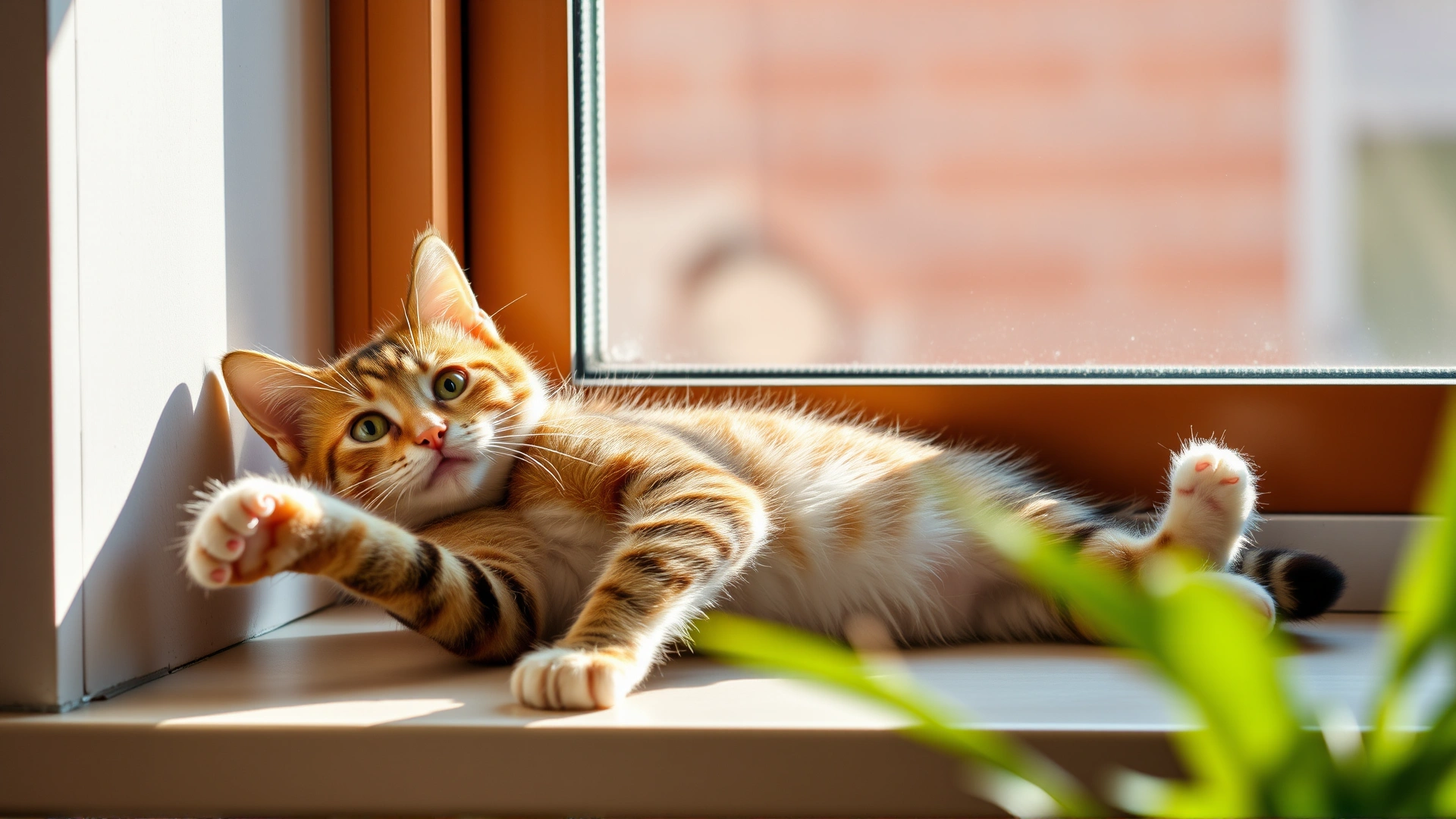 Sunny photo of a healthy playful cat stretching on a windowsill, symbolizing full recovery.