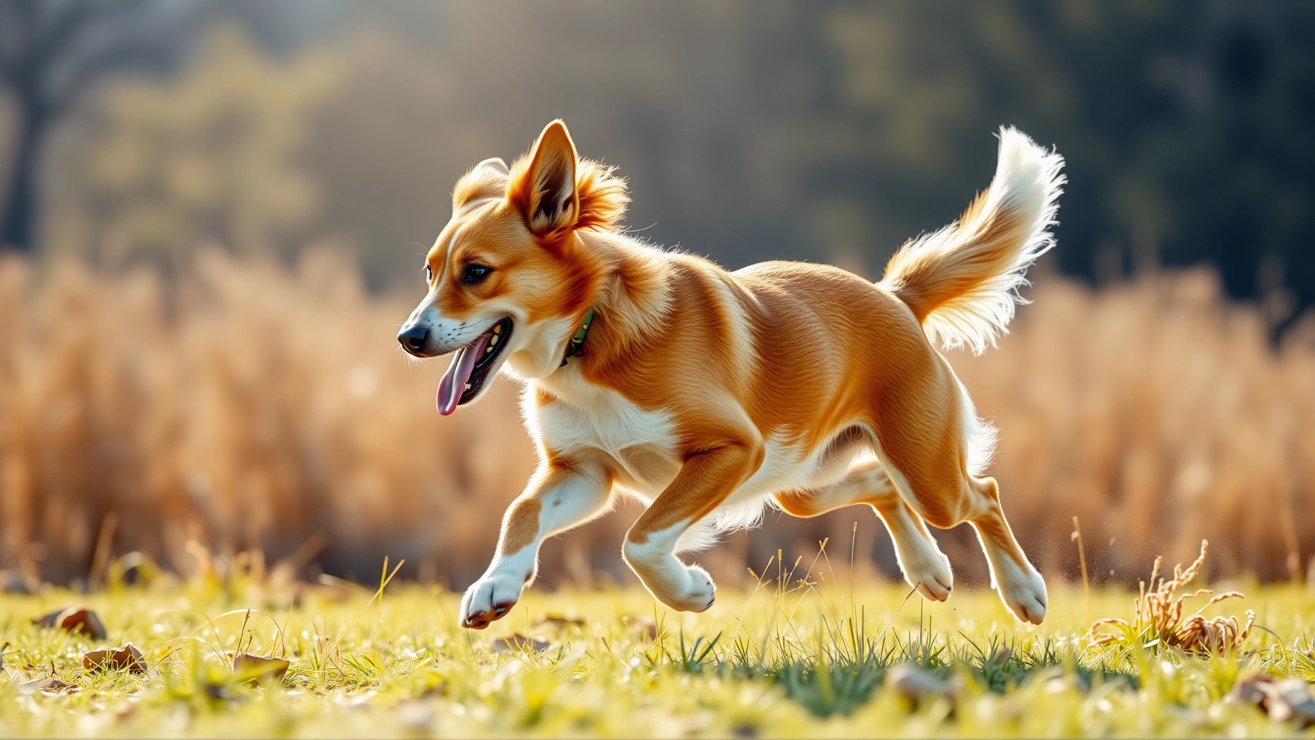Energetic dog running across a field with its tail wagging high, captured in bright daylight to illustrate full recovery.