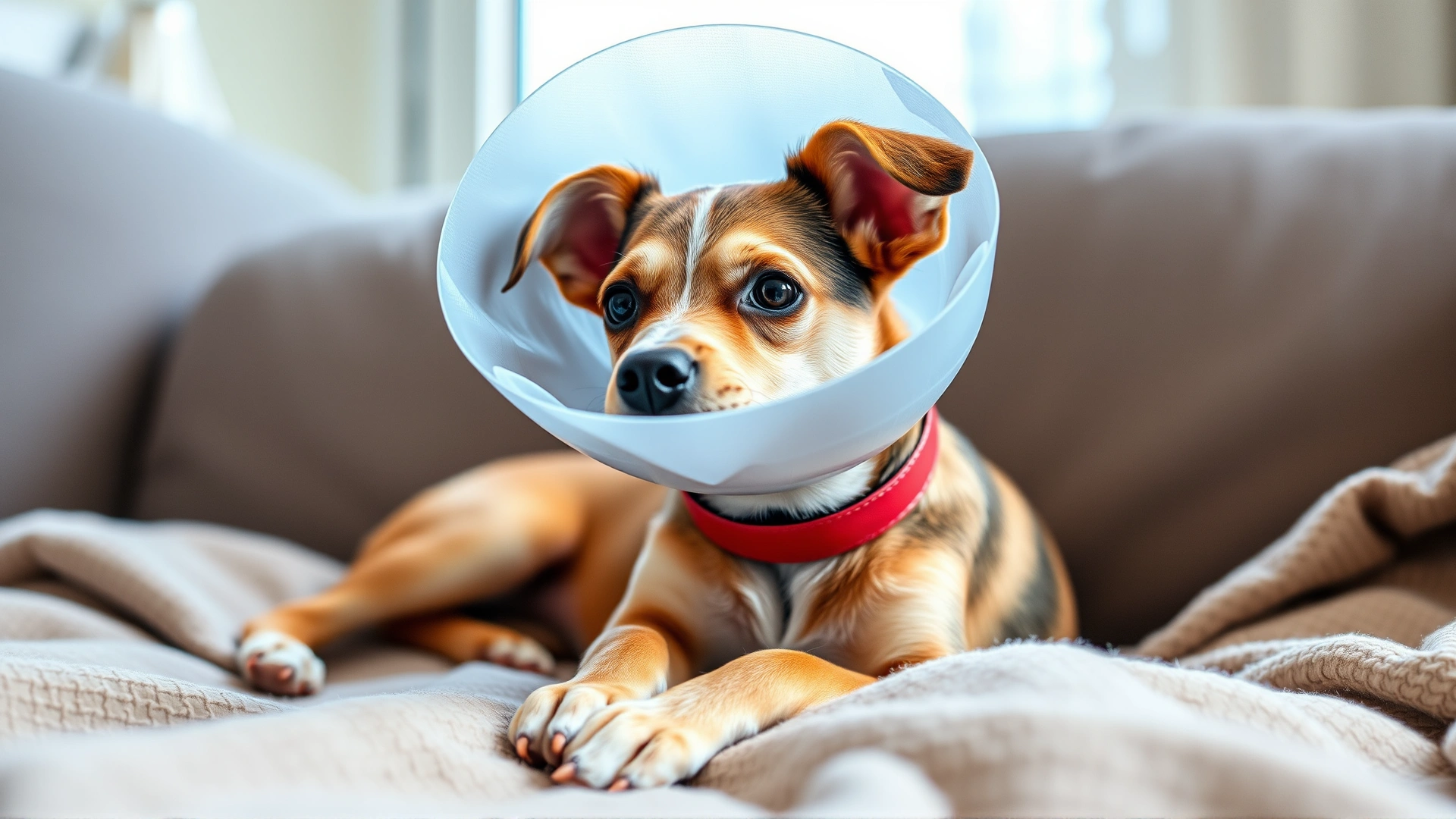 A young female dog wearing a protective cone (Elizabethan collar) resting comfortably on a soft blanket at home, looking alert and relaxed.