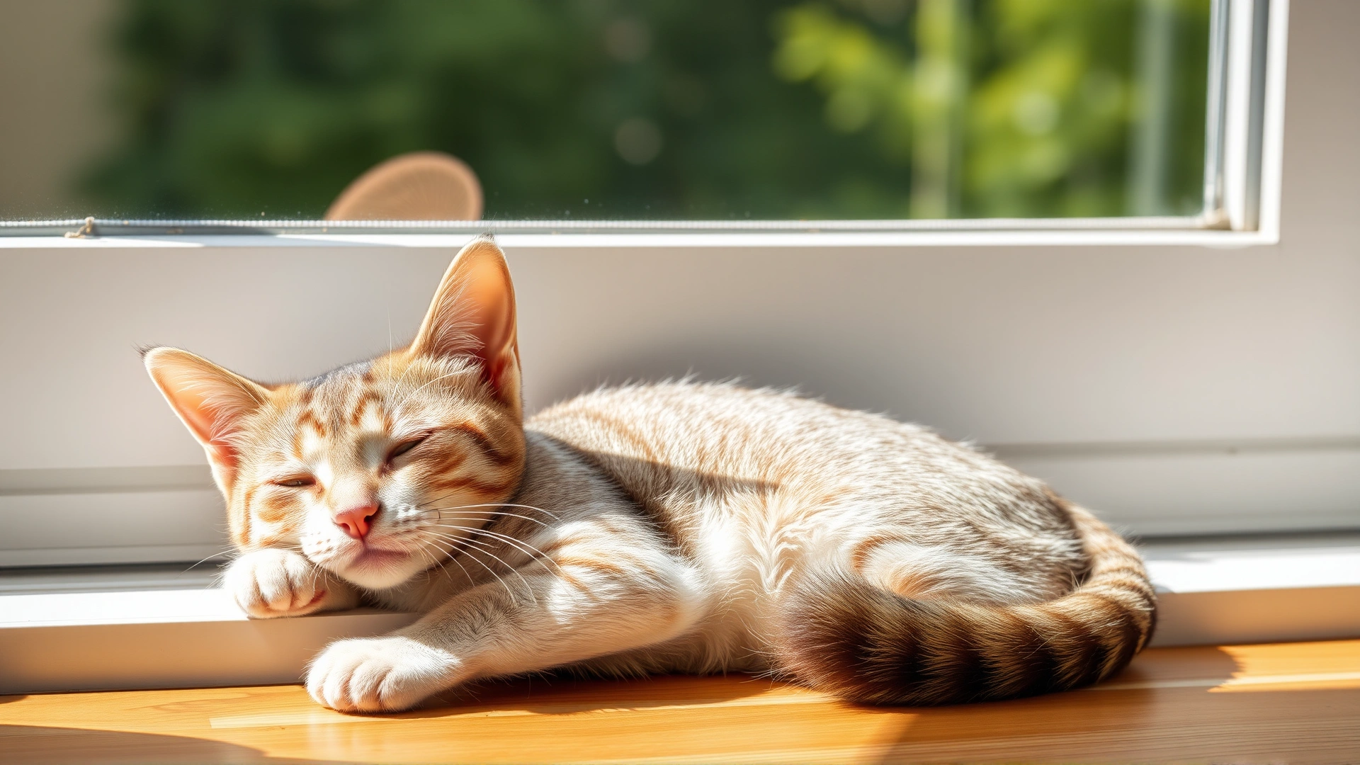 Healthy, slim cat sunbathing on a windowsill, looking energetic and content, symbolizing full recovery.