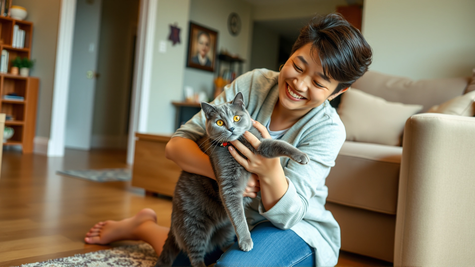 Joyful pet owner kneeling on the living-room floor, hugging a newly found gray cat that wears a collar, warm home setting, genuine emotion