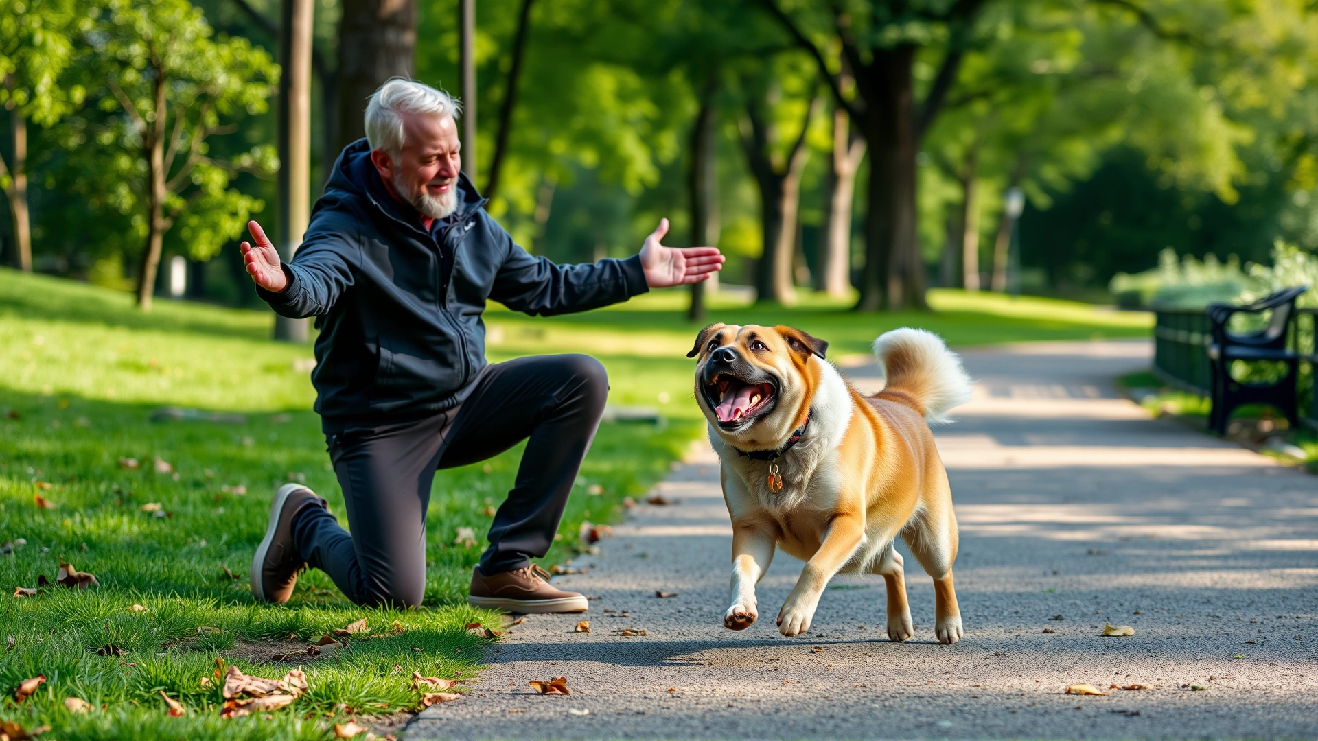 Outdoor park scene showing an owner kneeling with open arms while their dog runs toward them joyfully.