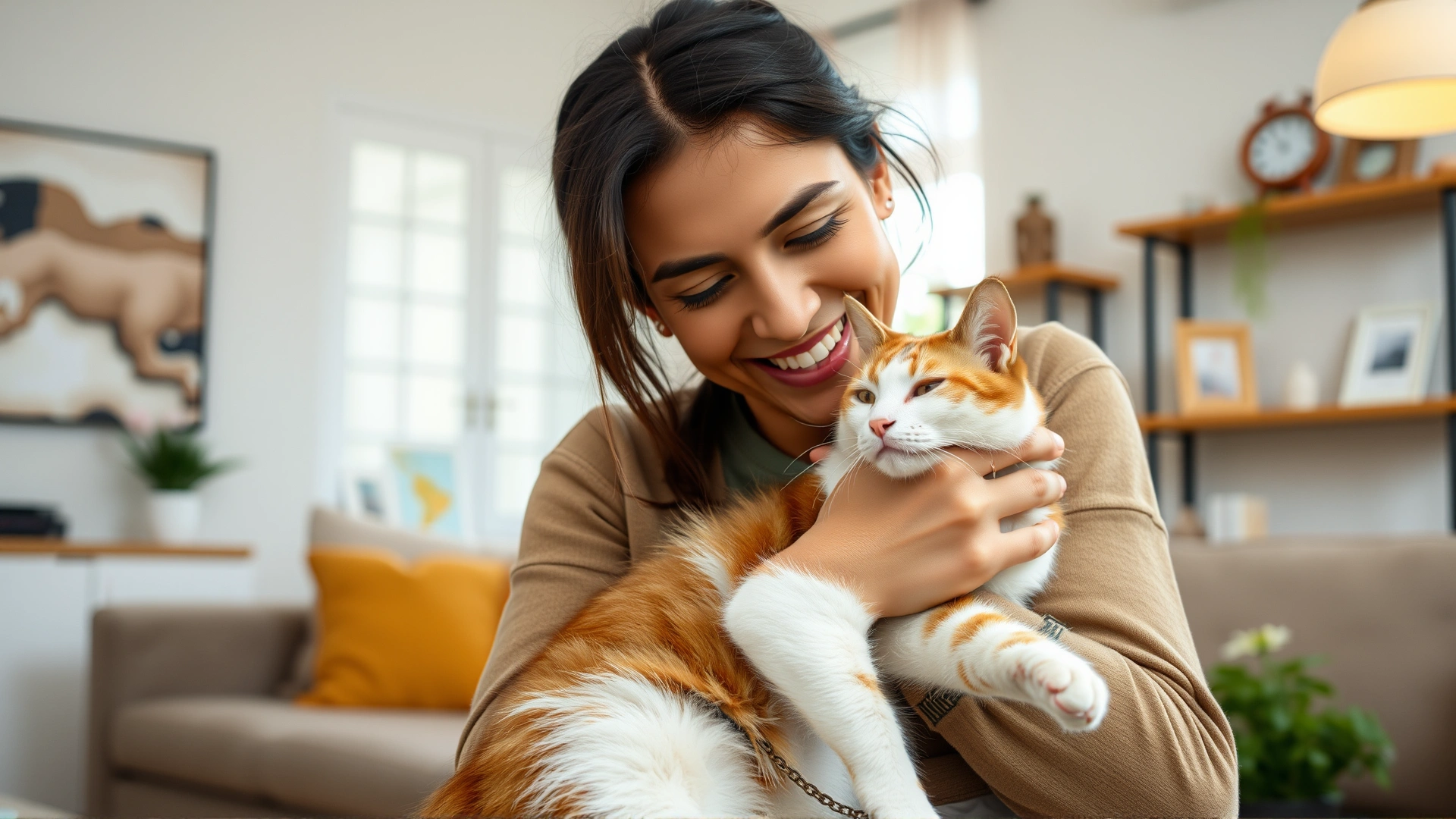 Joyful pet owner hugging her returned cat in a cozy living room, bright and warm atmosphere