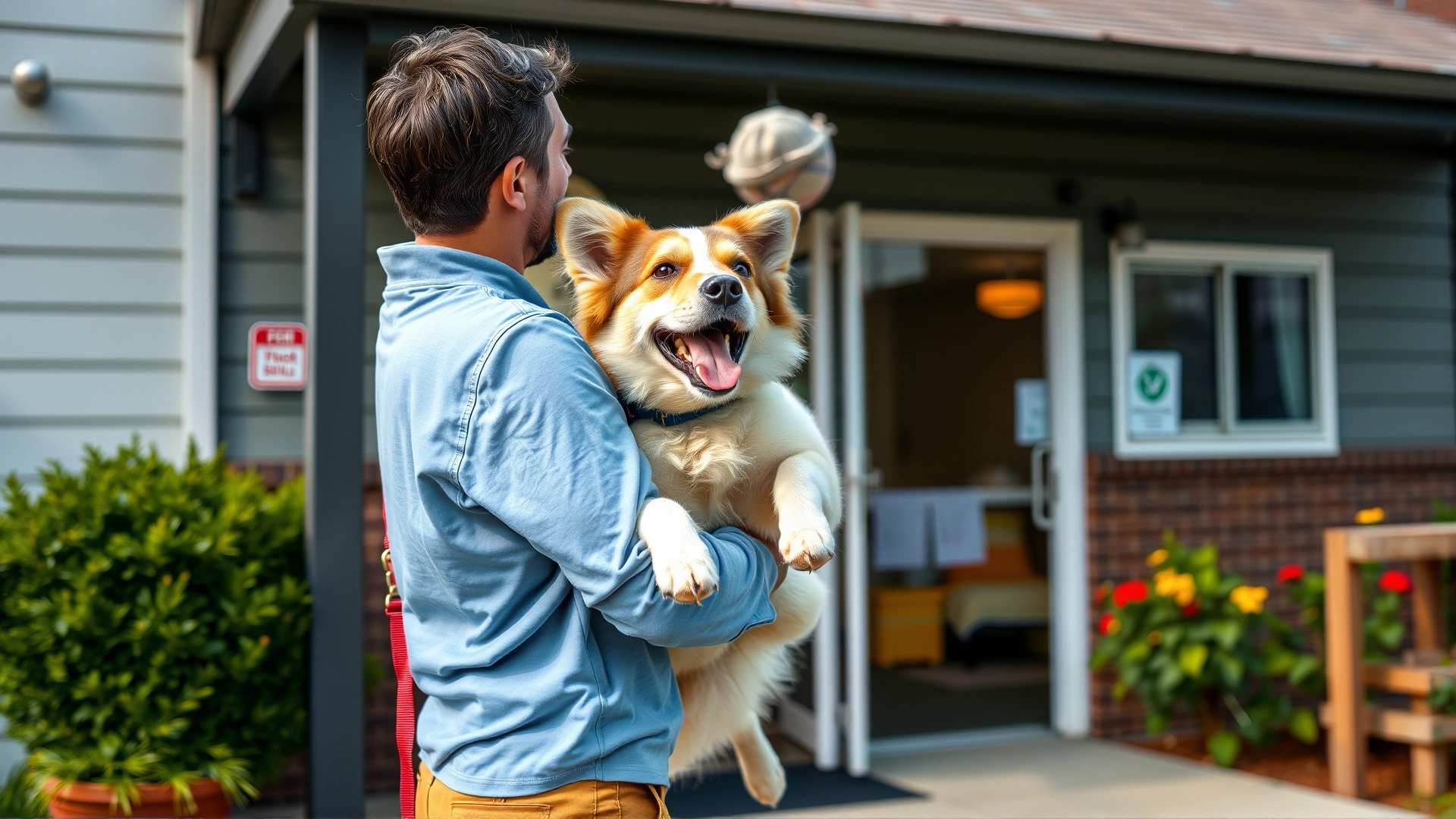 Joyful reunion scene with energetic dog jumping into owner's arms outside the boarding facility.