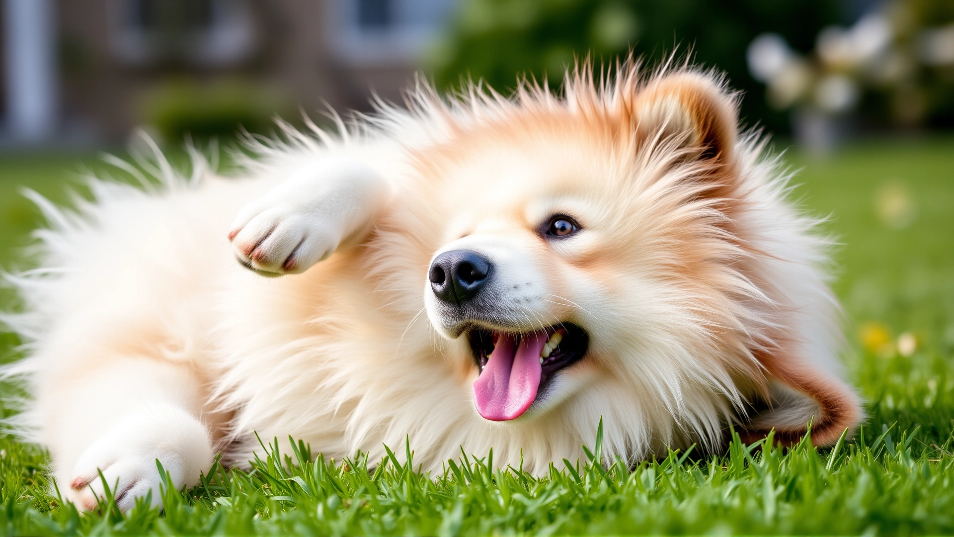 Close-up of a smiling Samoyed dog playing outside on a green lawn during springtime