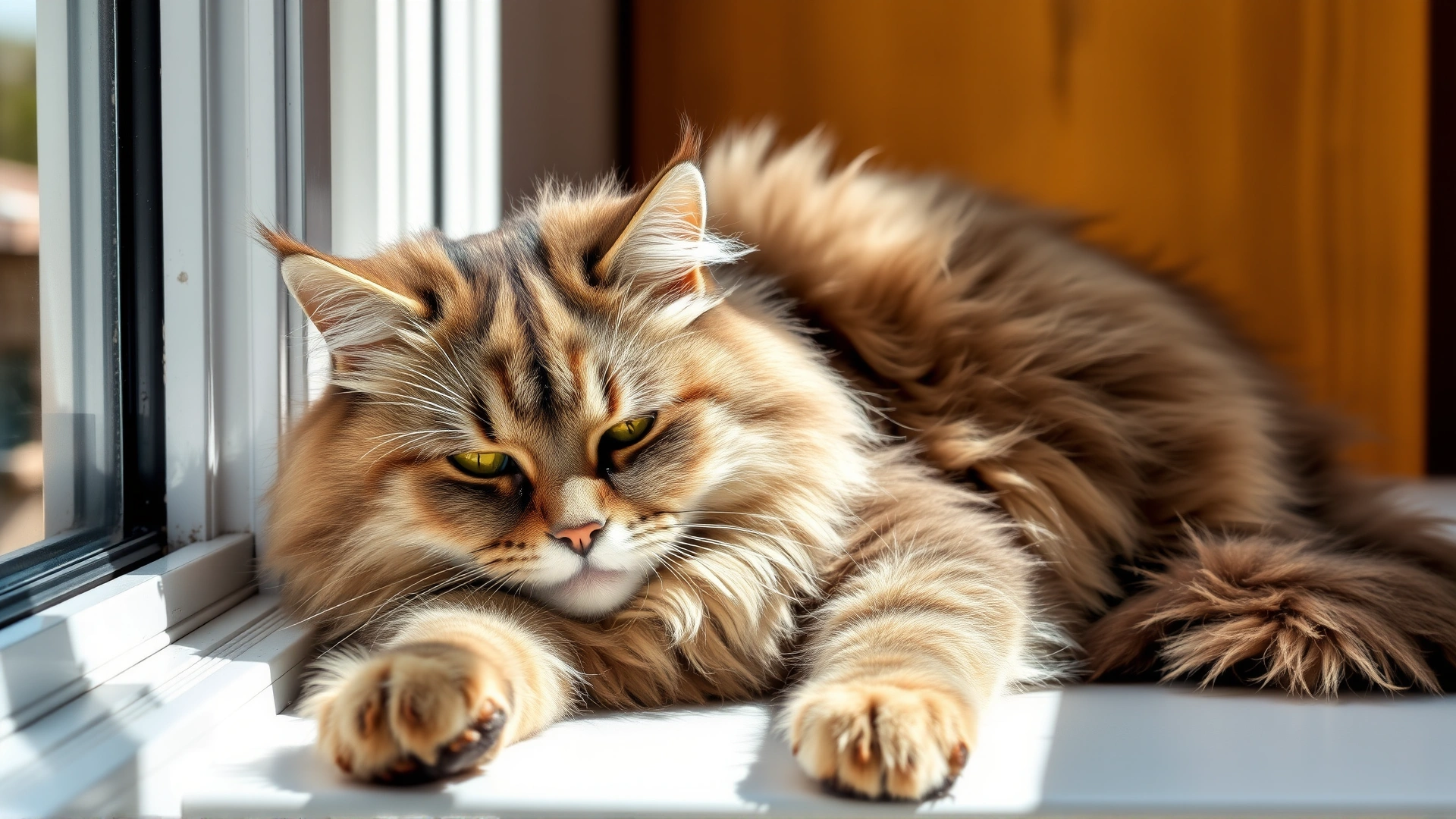 Senior fluffy cat relaxing on a sunny windowsill, looking content and alert