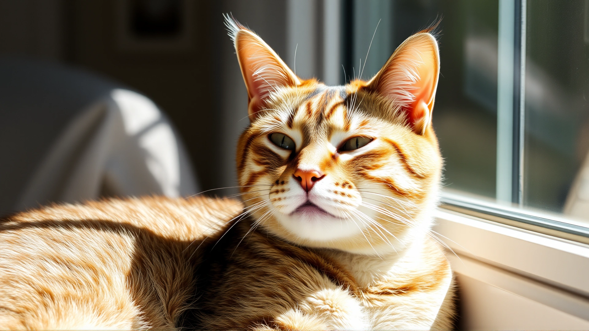 Healthy senior cat basking in sunlight near a window after successful treatment, looking relaxed and content.