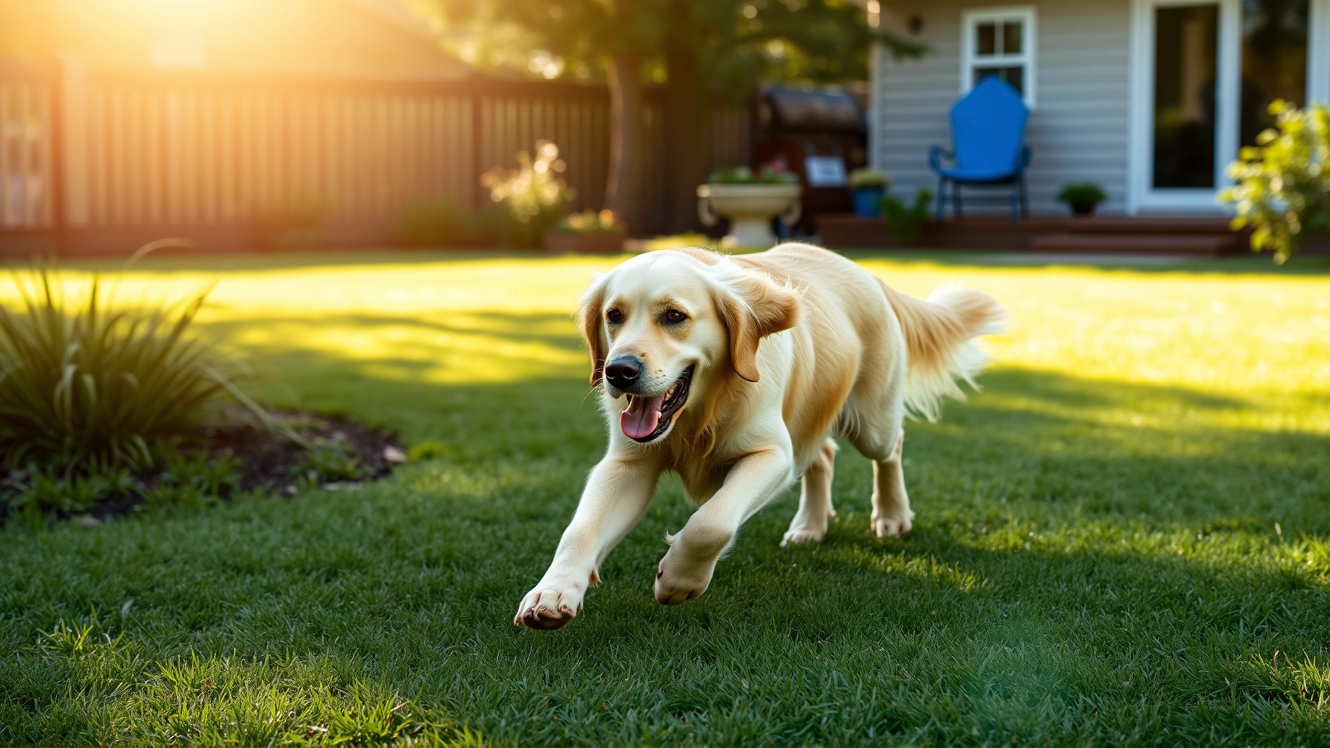 Elderly Golden Retriever running slowly across a grassy backyard, bright afternoon sunlight