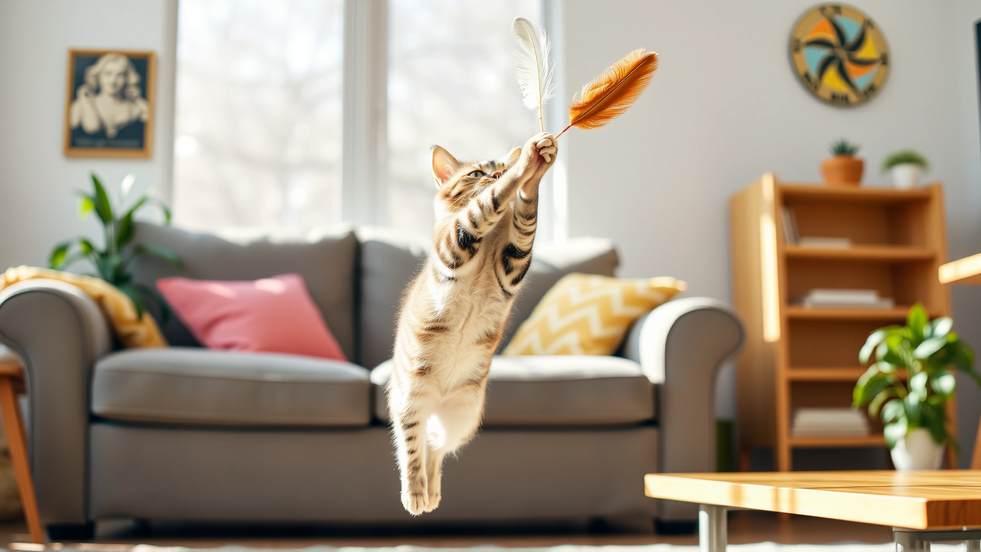 Healthy, playful domestic shorthair cat jumping to catch a feather toy in a bright living room, post-recovery vibe