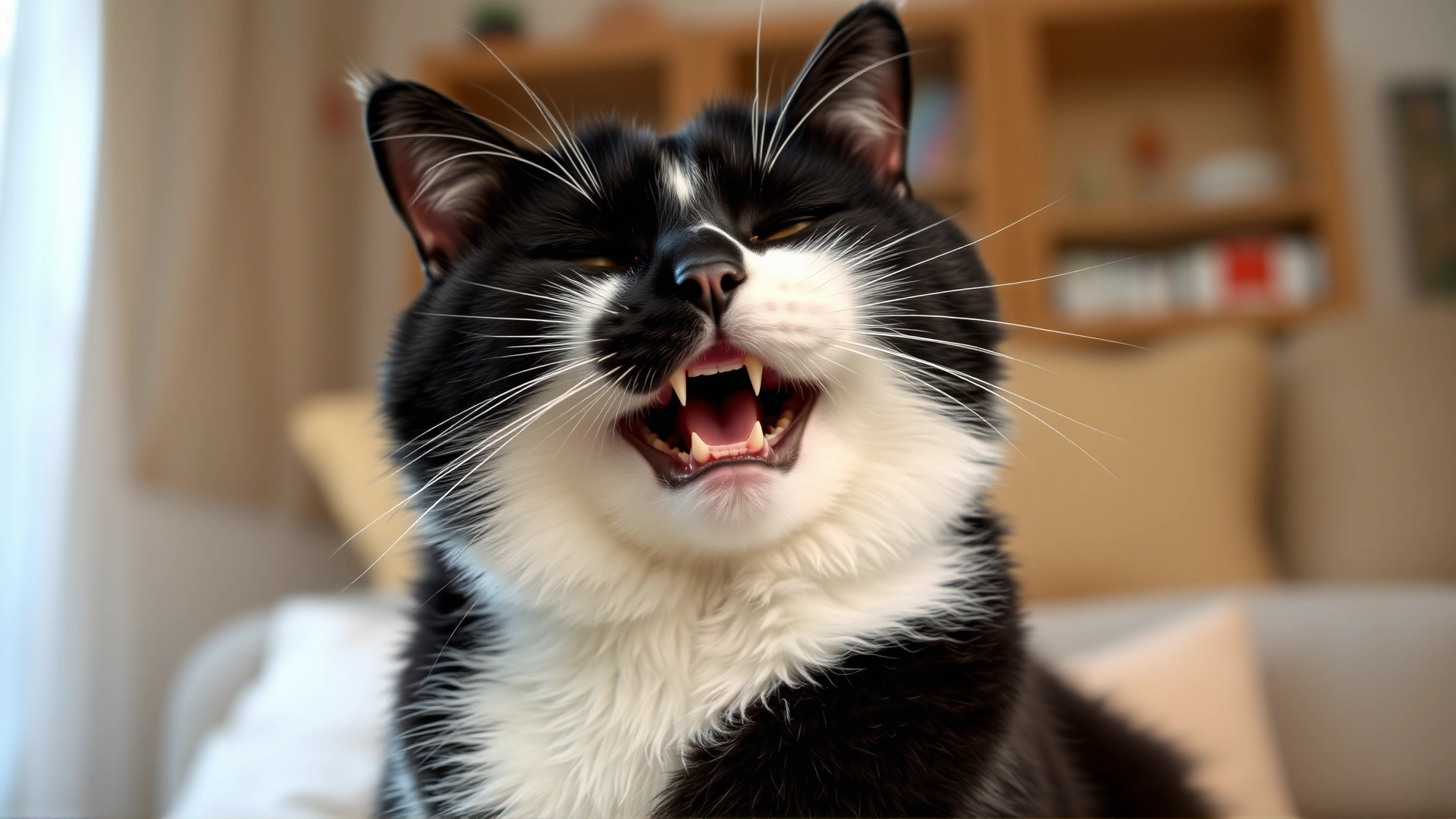 Senior black and white cat sitting contentedly, mouth slightly open showing gums but no teeth, cozy living room background.