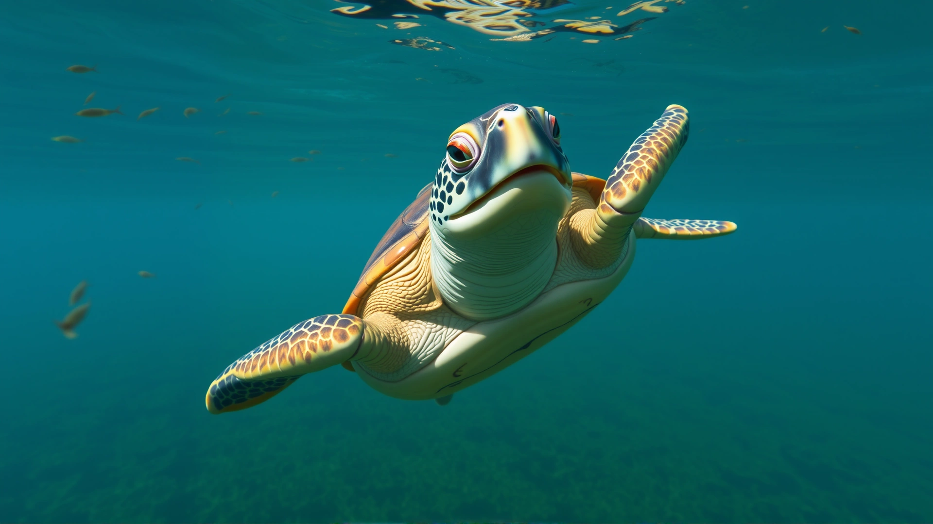 Underwater shot of a joyful slider turtle swimming through clear water with floating aquatic plants.