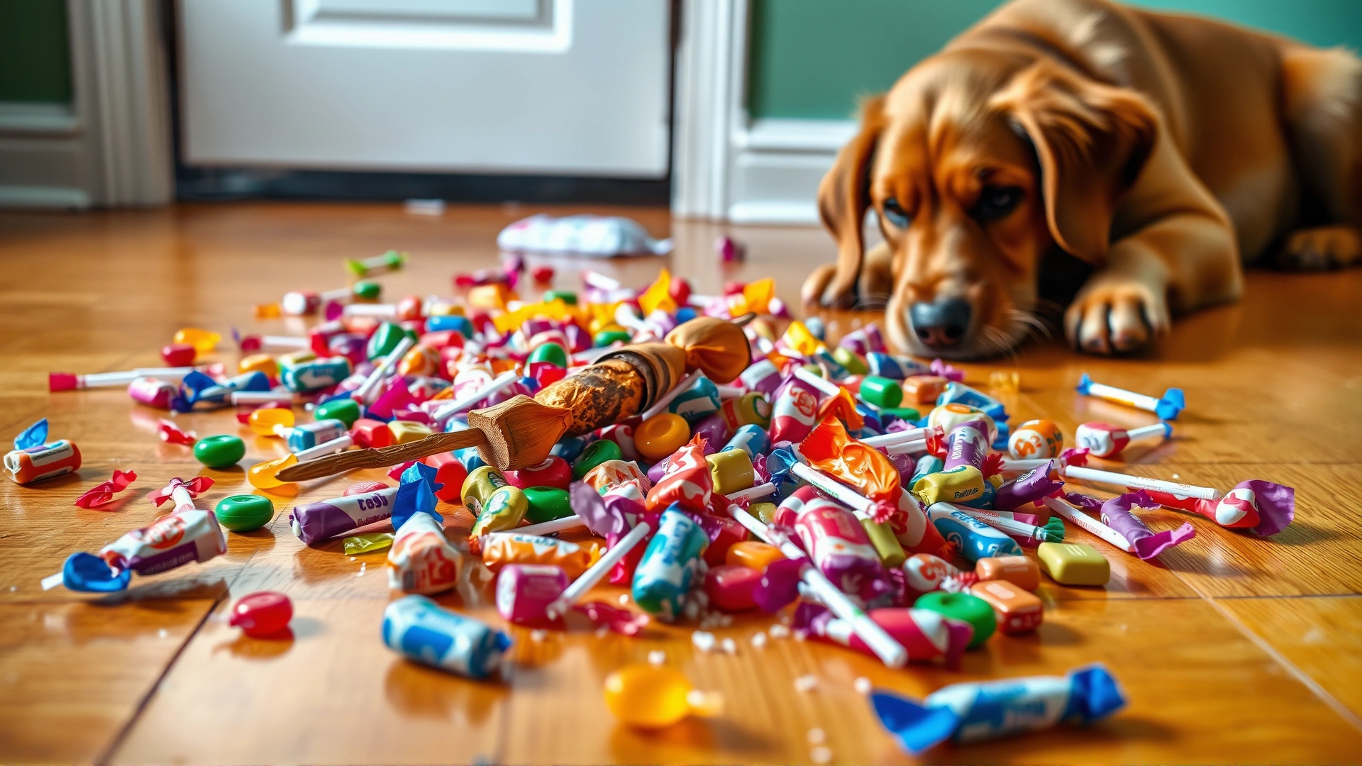 Assorted hard candies and lollipops scattered on a hardwood floor with a broken stick near a playful puppy, colorful wrappers, soft light.