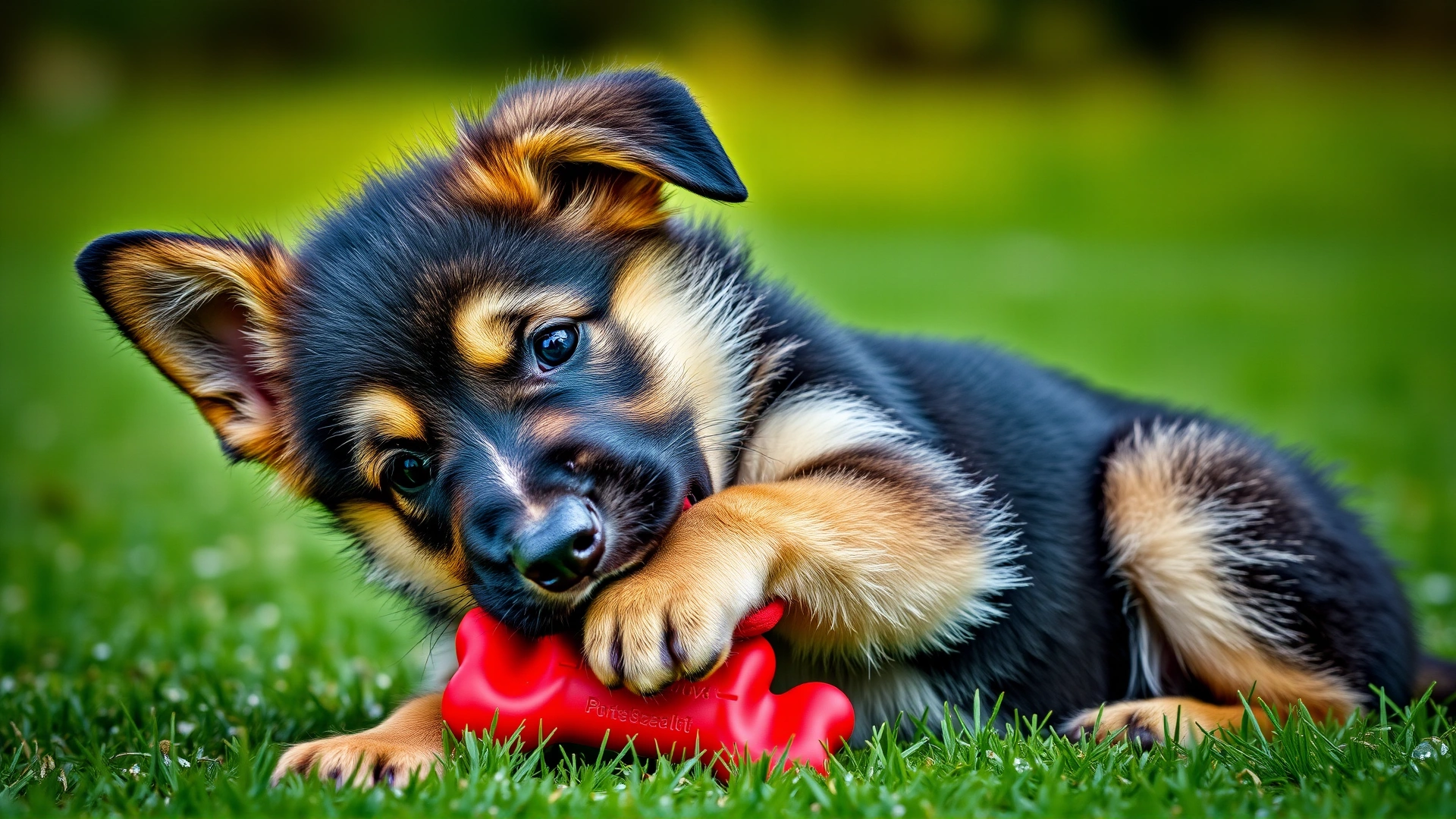 A 5-month-old German Shepherd puppy vigorously chewing a red durable rubber toy shaped like a bone.