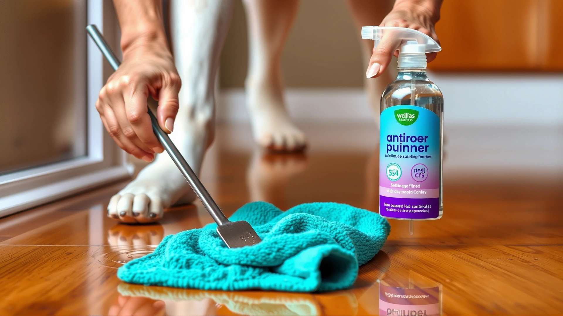Person wiping dog urine from a shiny hardwood floor with a microfiber cloth while holding an enzymatic cleaner spray.