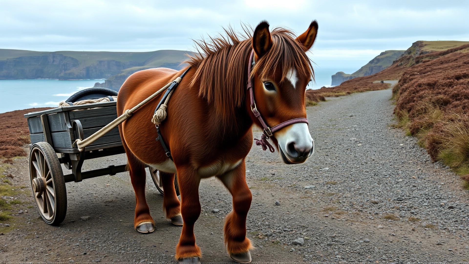 Traditional Eriskay pony pulling a small wooden cart along a coastal track with cliffs in the background, tack made of rope, cloudy weather, no driver visible.