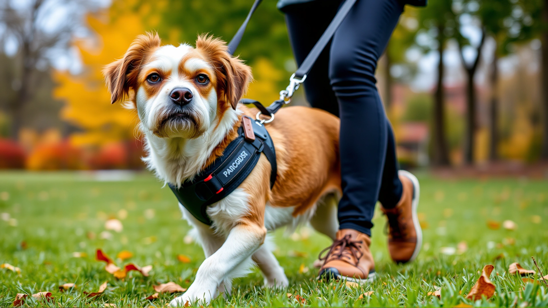 Dog wearing a padded front-clip harness walking calmly beside its owner in a park, autumn colors