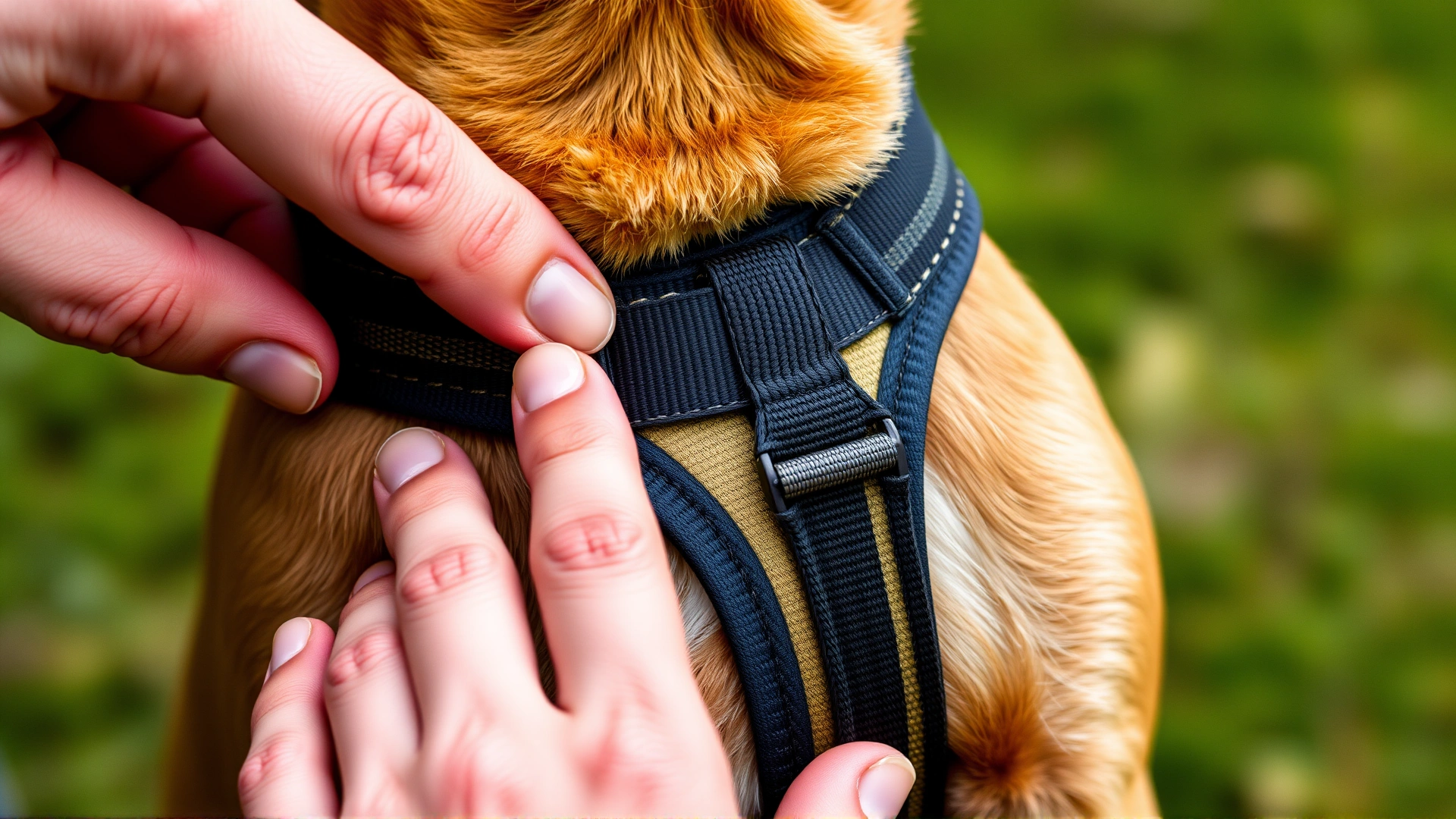 Close-up of two human fingers sliding under a harness strap on a dog's chest to demonstrate proper fit