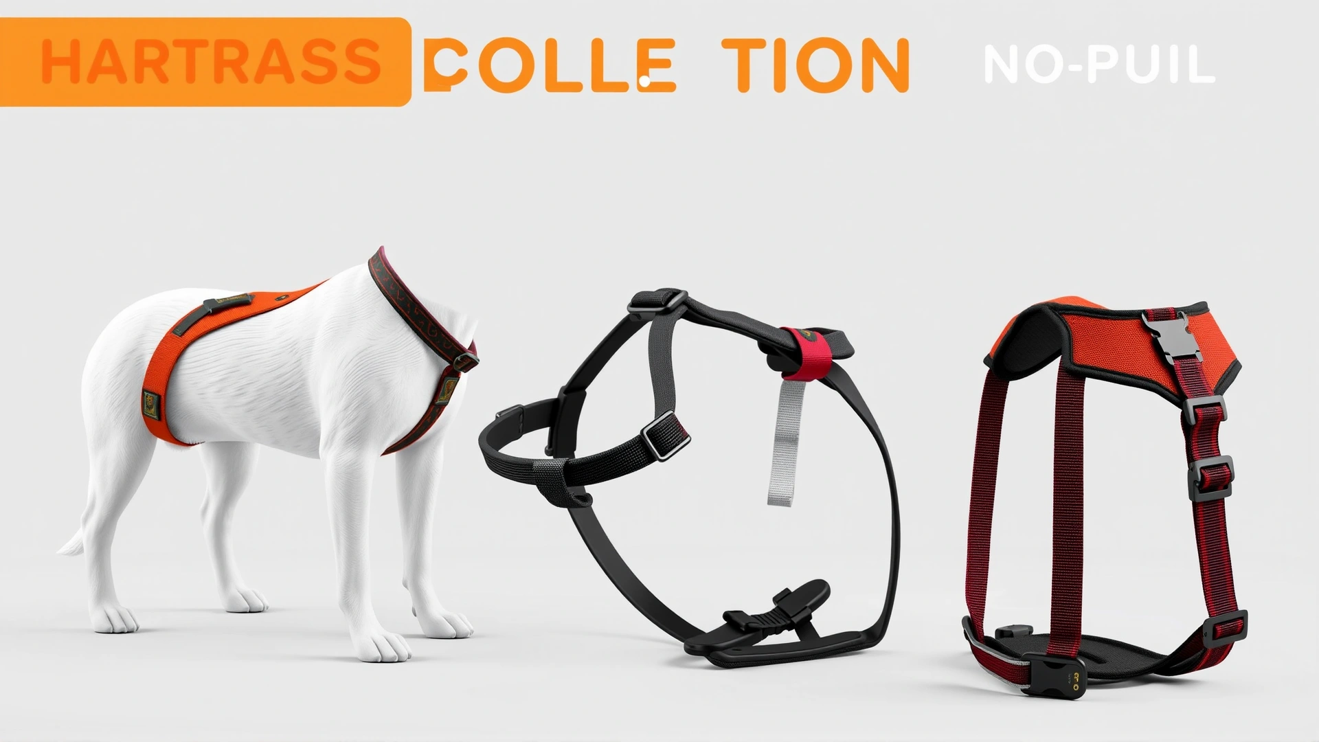 Collection of three dog harness styles (front-clip, back-clip, no-pull) displayed on a neutral background