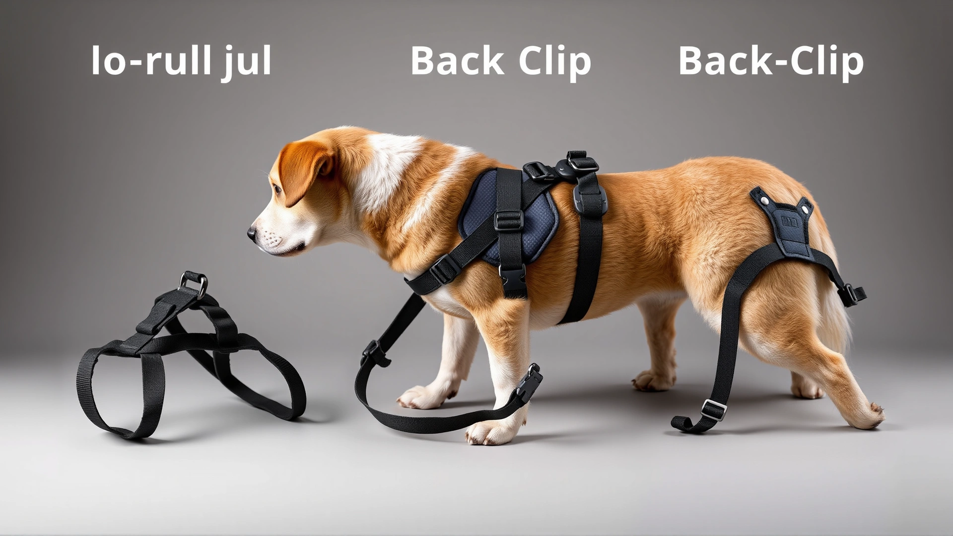 Collage showing three types of no-pull dog harnesses (front-clip, back-clip, dual-clip) laid flat on a neutral background, well lit and detailed.