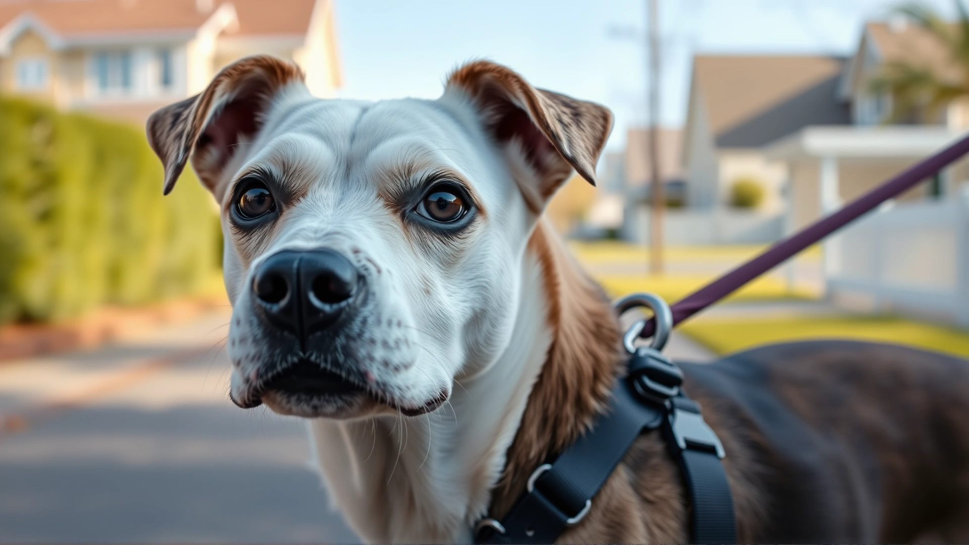 Close-up of a dog wearing a well-fitted front-clip harness during a neighborhood walk.