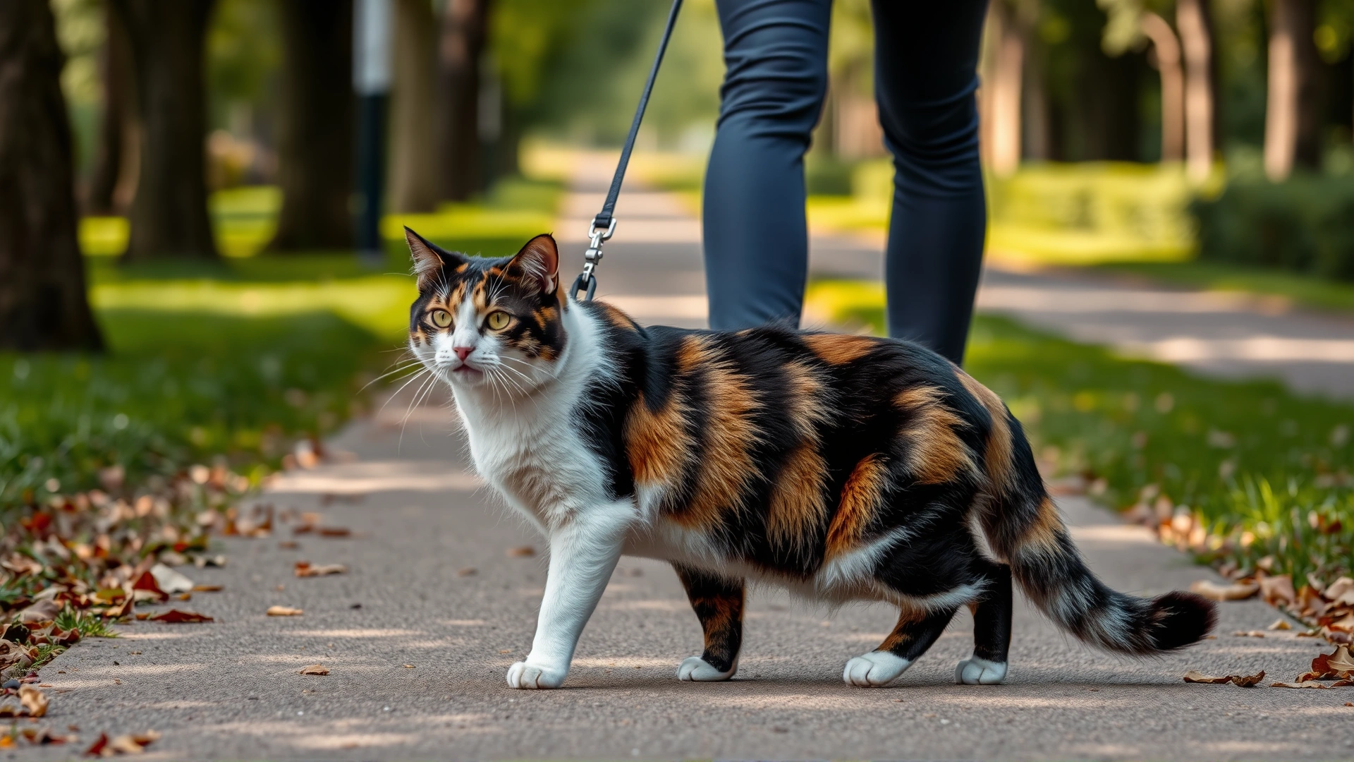 An owner gently walking a calico cat on a leash in a quiet park pathway, both partially visible to emphasize companionship and safety.