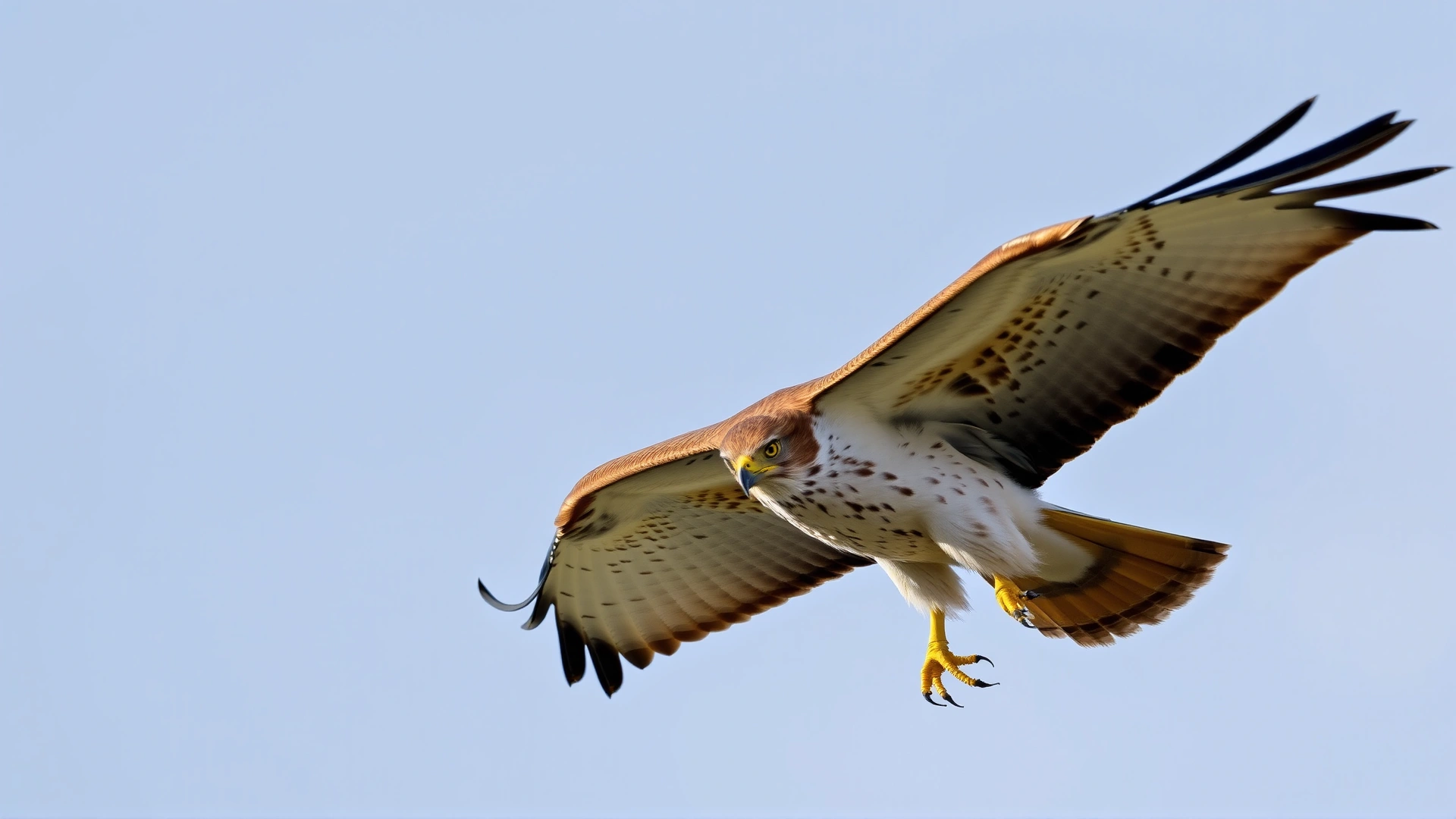 Close-up shot of a red-tailed hawk in mid-flight with talons extended against a clear sky