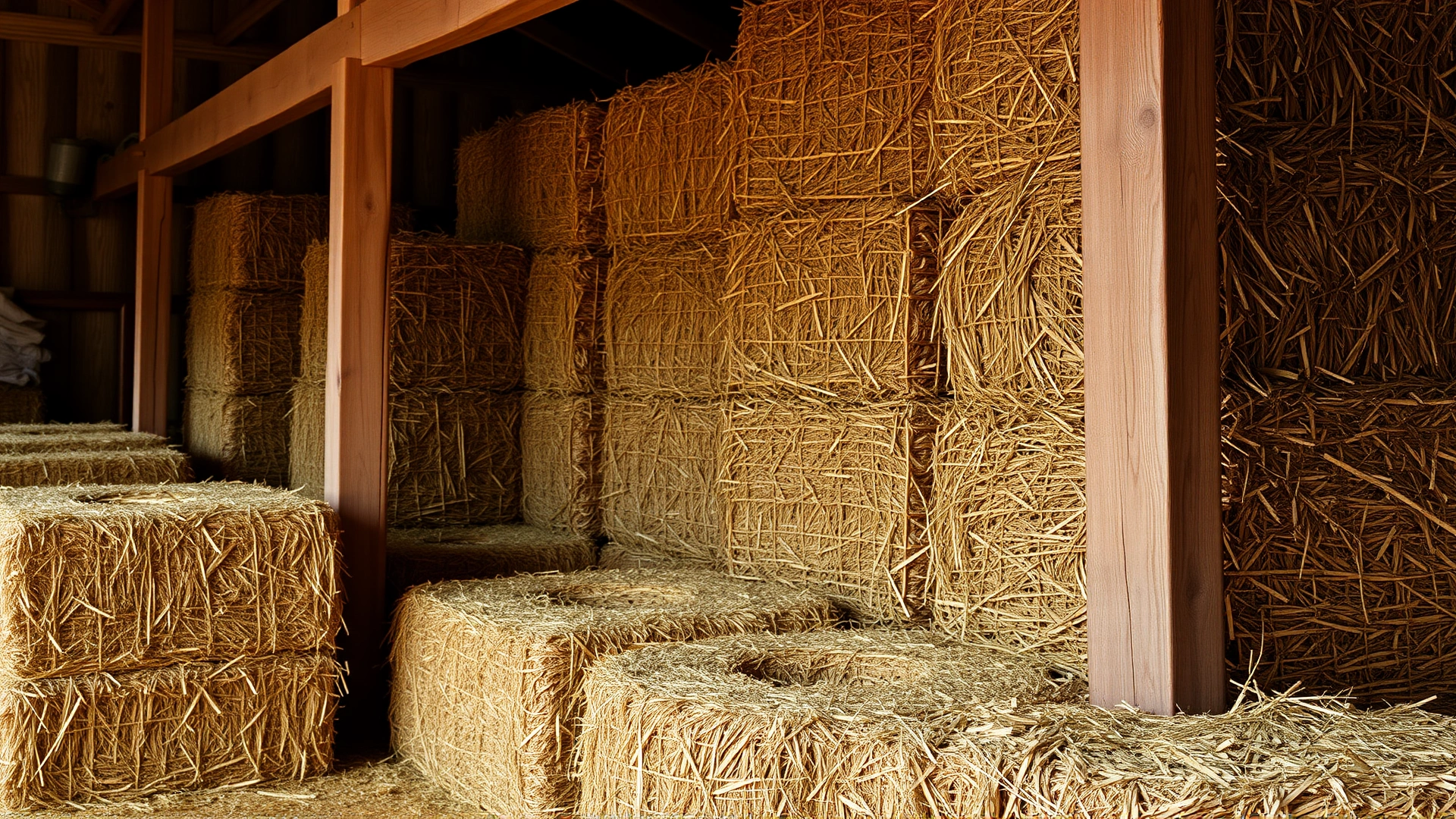 Neatly stacked bales of different types of hay inside a stable, showing texture and color contrast.