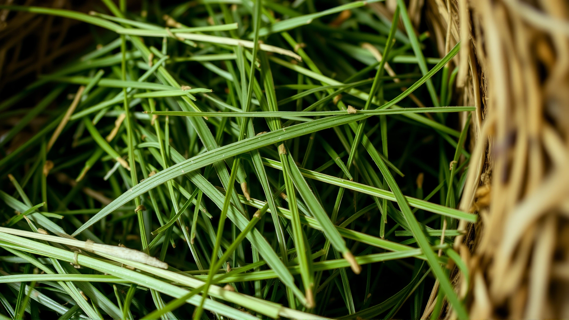 Close-up of high-quality leafy green hay with minimal stems and no dust, resting in an open bale.