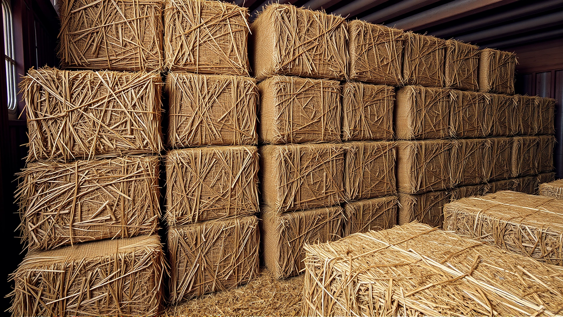 High-resolution image of neatly stacked square bales of dry hay in a barn, conveying proper feed storage; no text