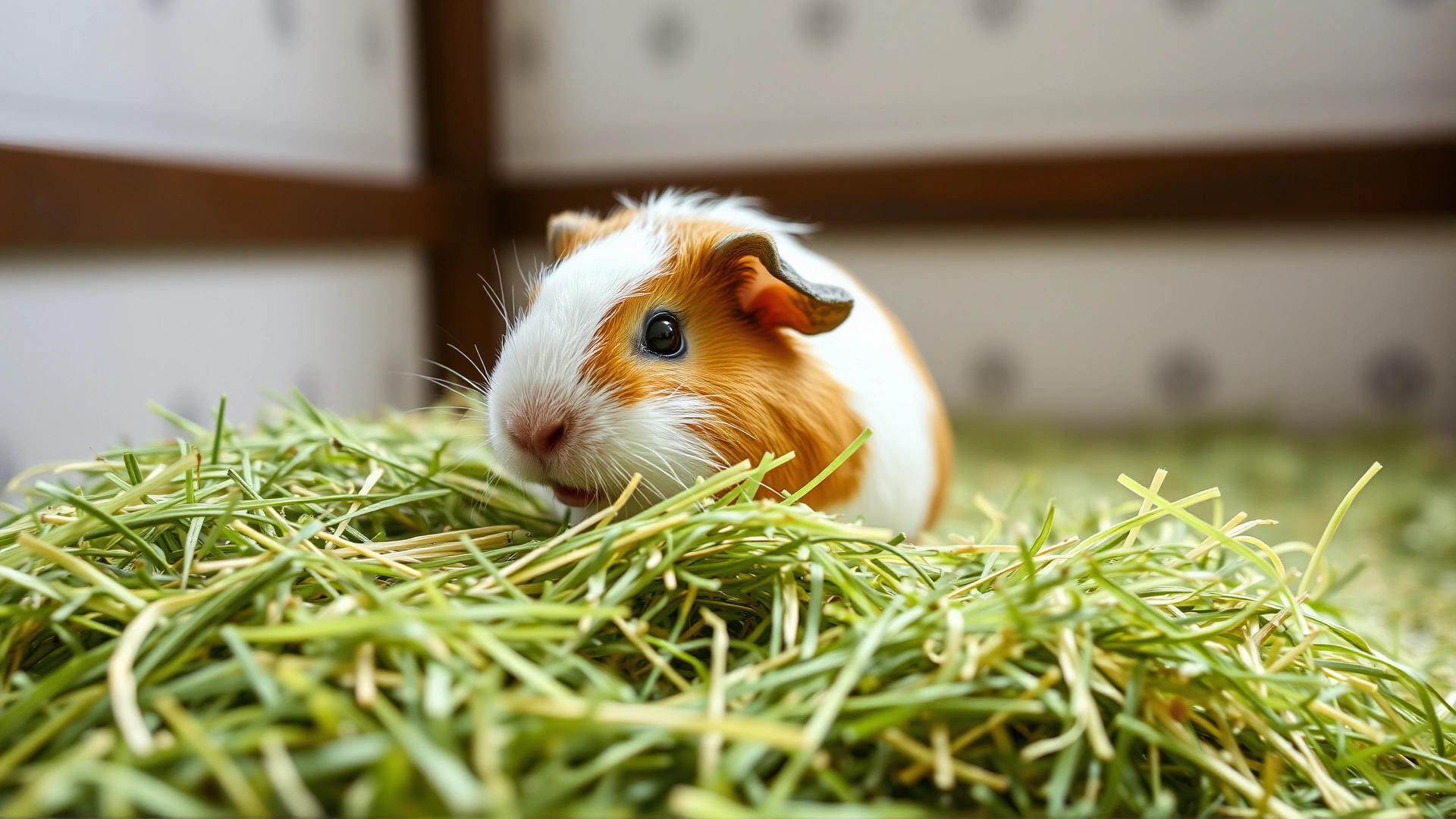 Guinea pig munching on a large pile of timothy hay inside a clean enclosure, natural daylight, shallow depth of field