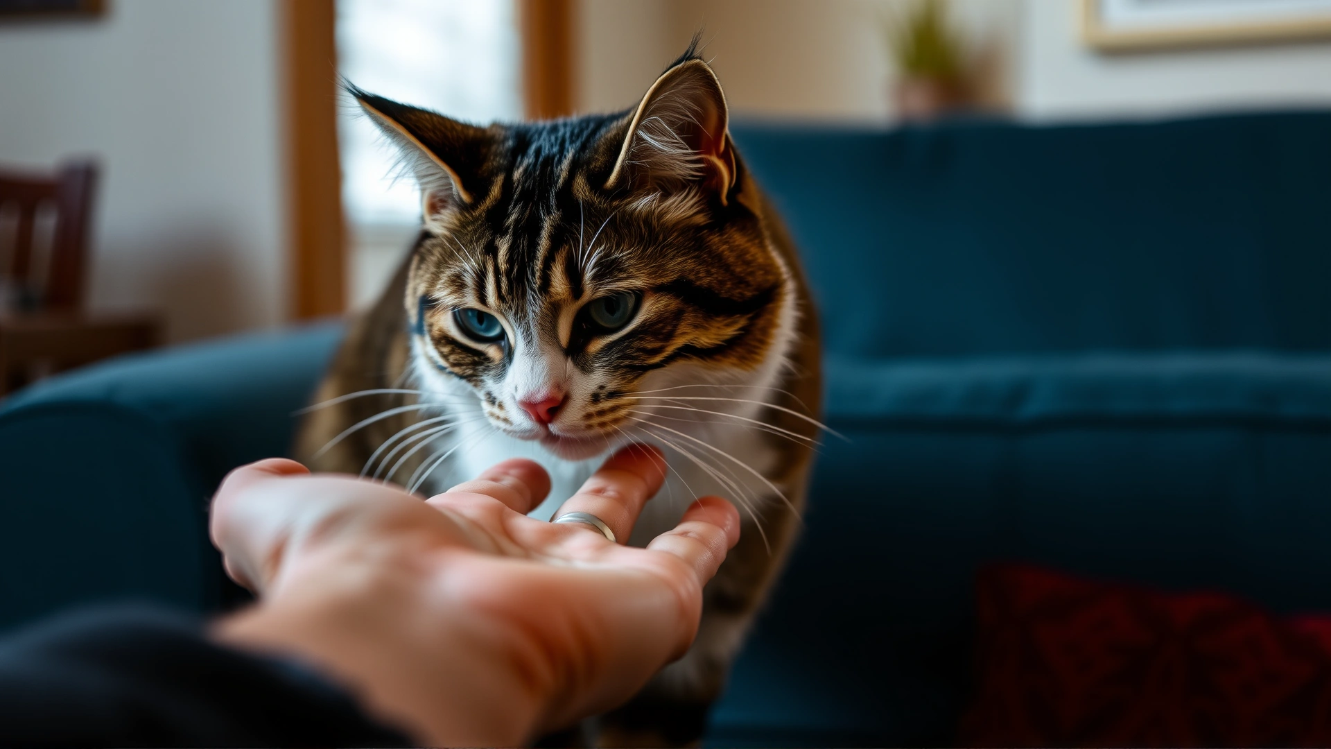 Cat gently head-butting its owner's outstretched hand, soft indoor lighting, candid moment.