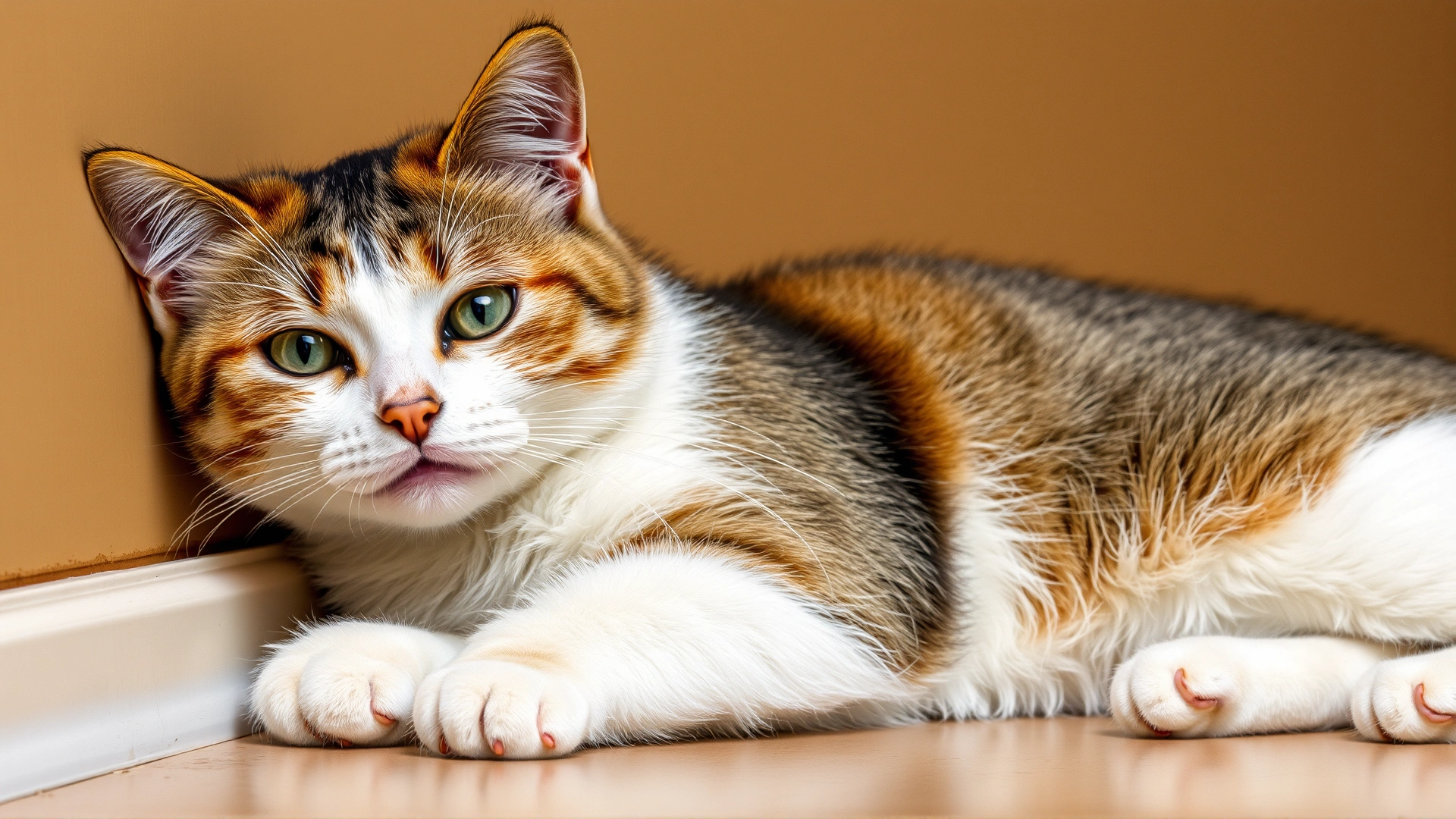 Cat pressing its head gently against a wall while lying down, illustrating potential health concern.