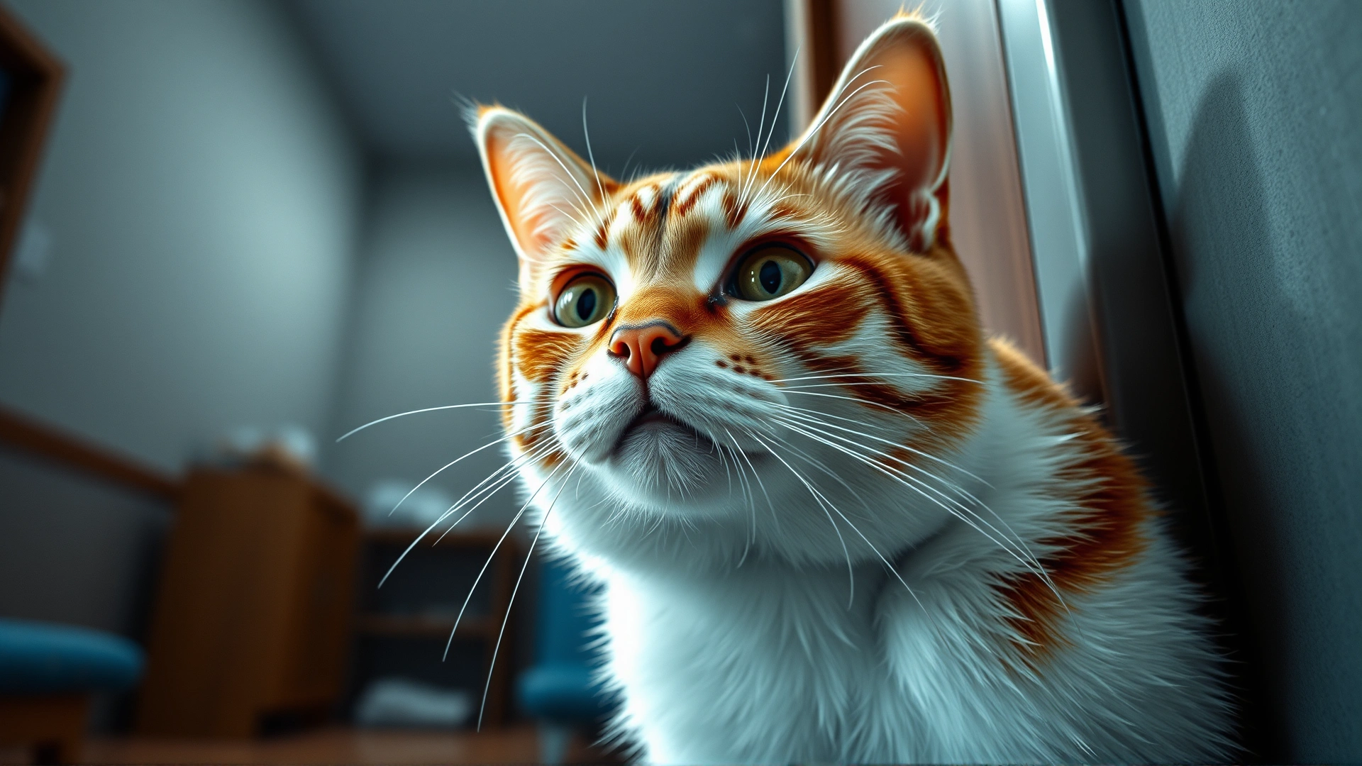 A concerned-looking cat pressing its head firmly against a wall in a dimly lit room, illustrating medical emergency behavior