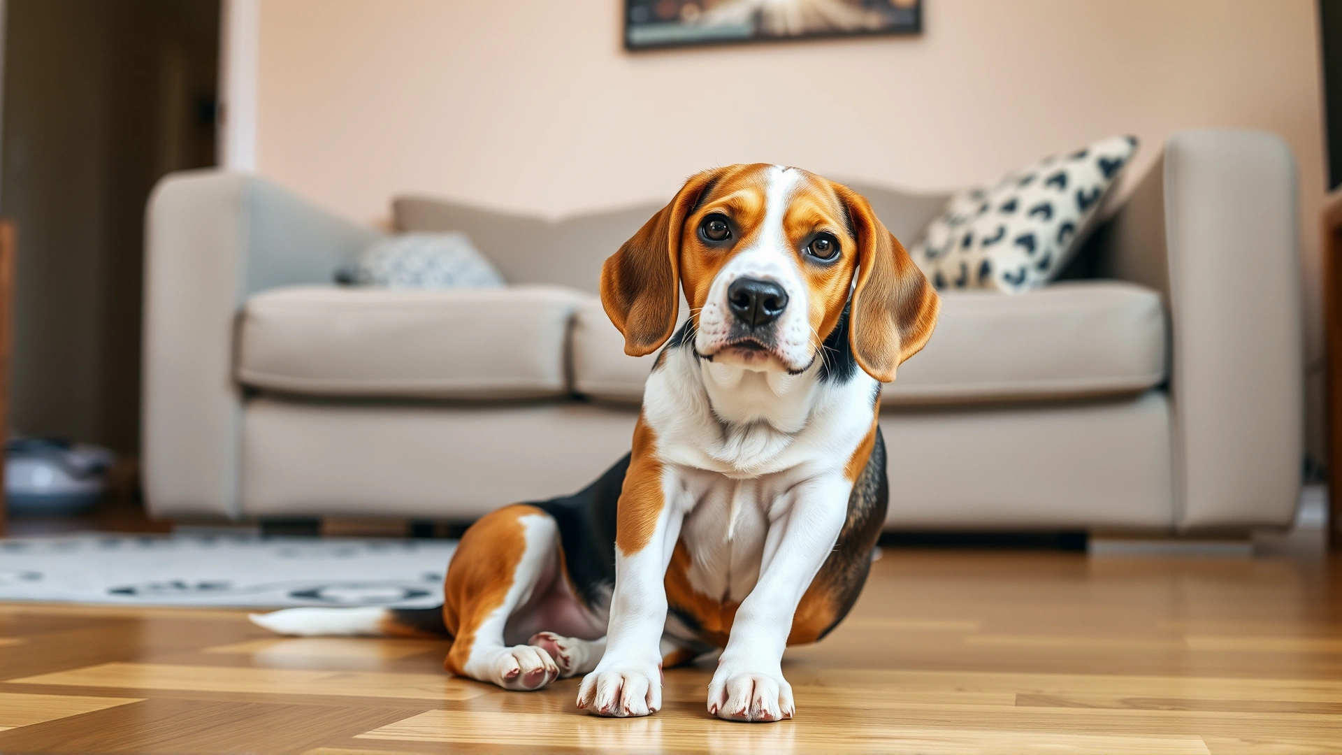 Medium-sized beagle sitting on a living room floor with a noticeable head tilt, looking curiously at the camera.