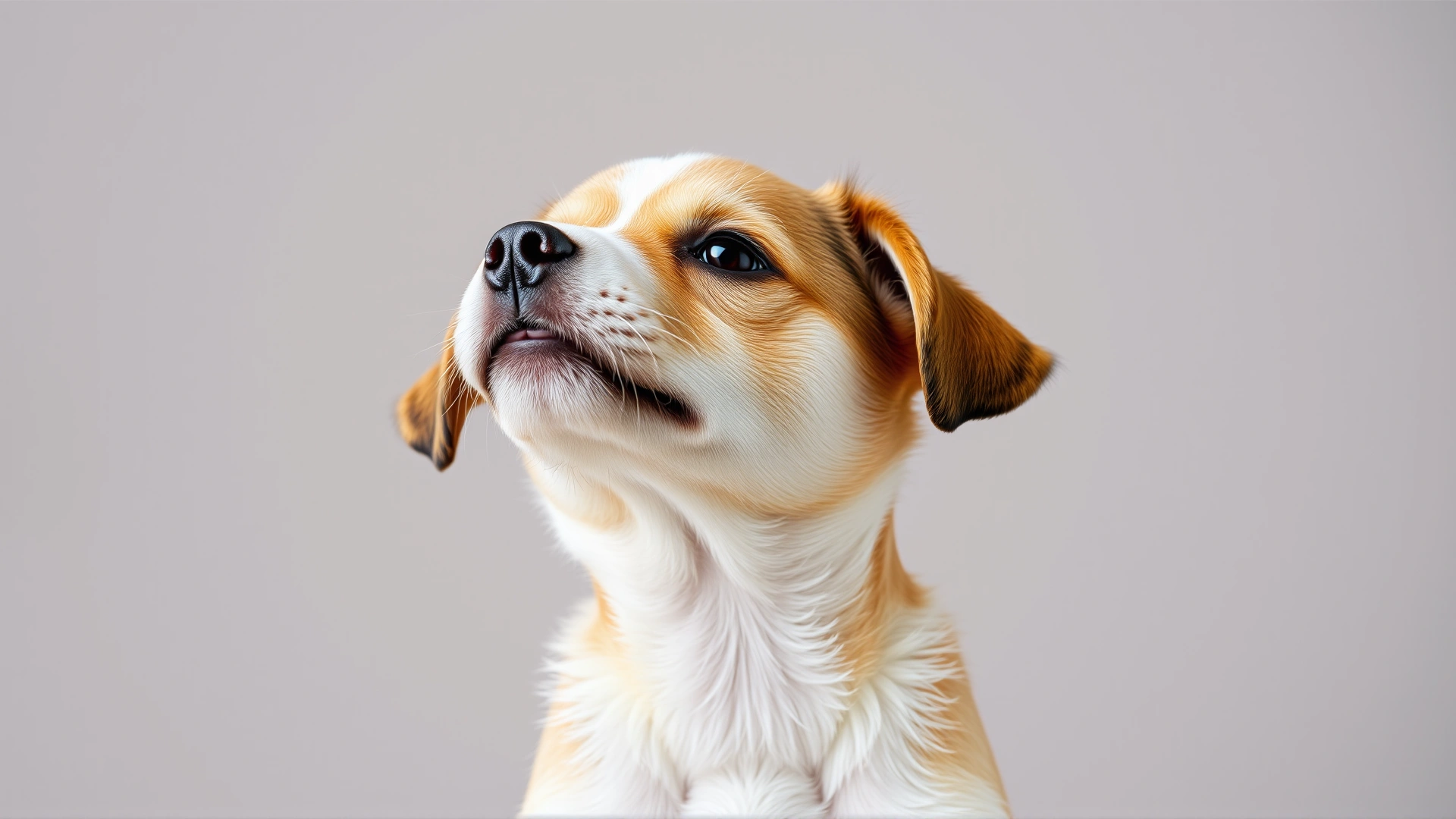Adorable puppy tilting its head while listening, one ear up, neutral background, soft lighting, no text