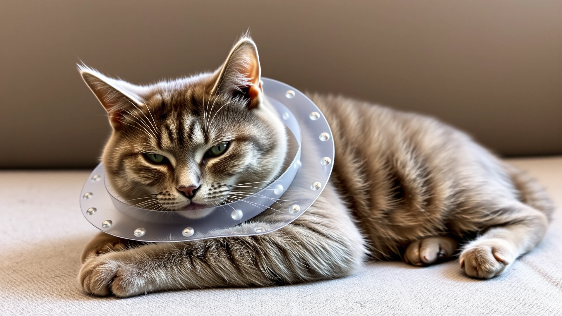 Grey domestic shorthair cat resting while wearing a transparent Elizabethan collar, couch background, relaxed pose
