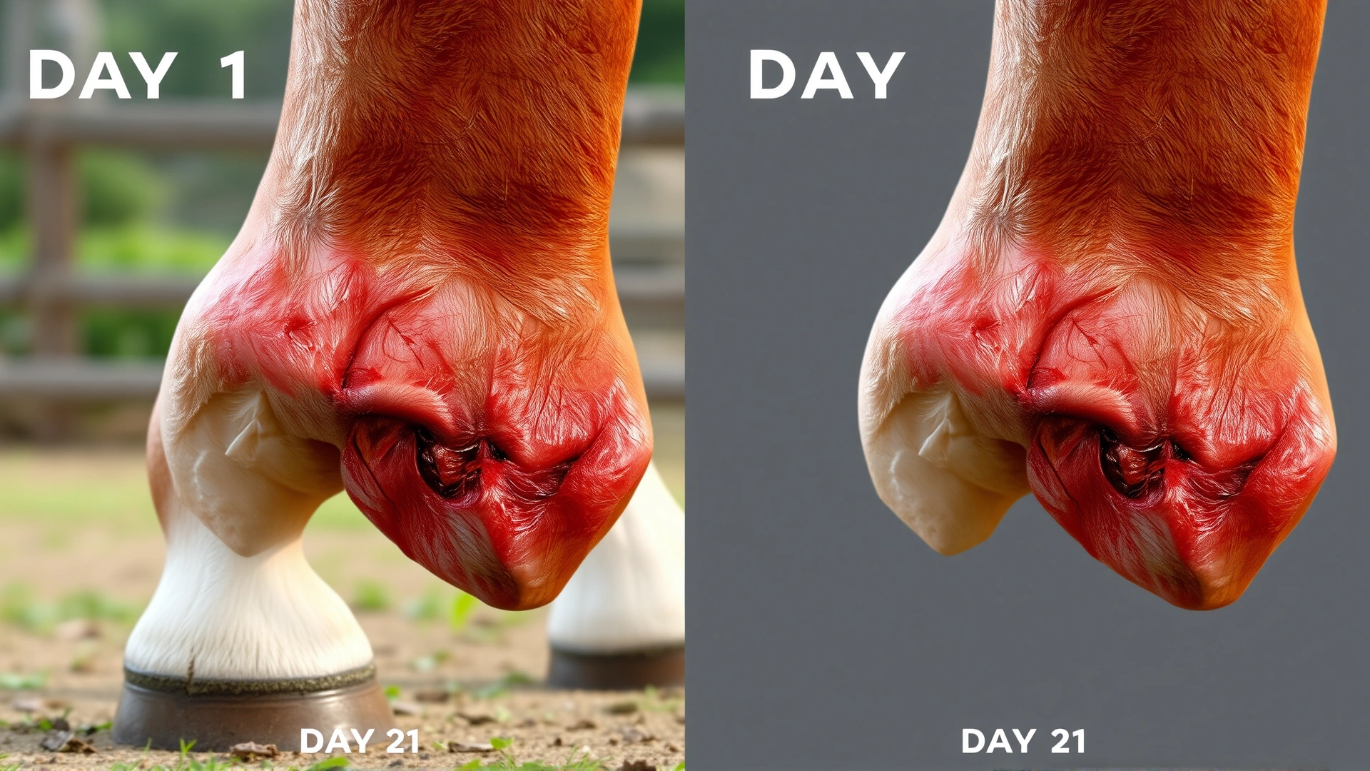 Side-by-side comparison of a horse leg wound on day 1 versus day 21 of healing – clean backgrounds, no text
