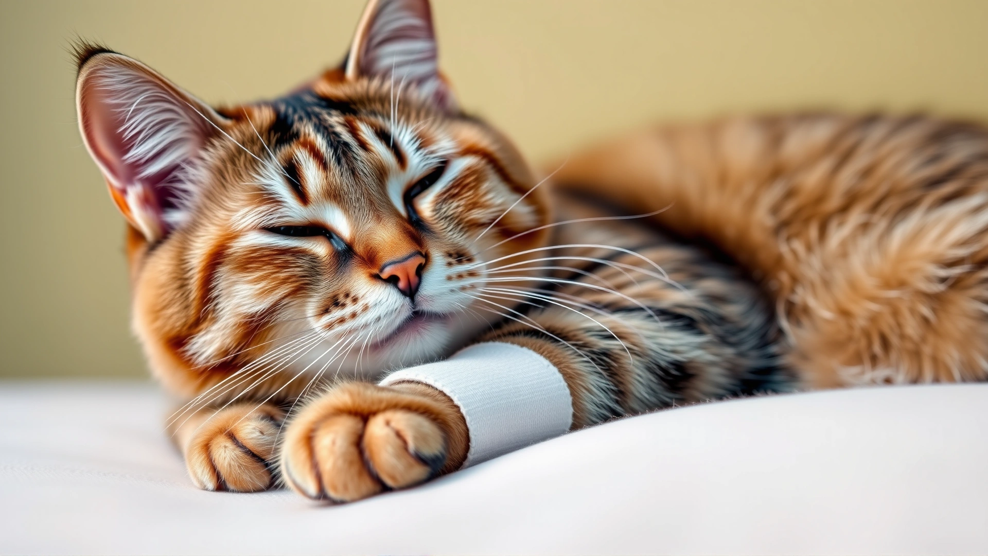 Adult cat with a small paw bandage resting comfortably, conveying healing and comfort through purring.