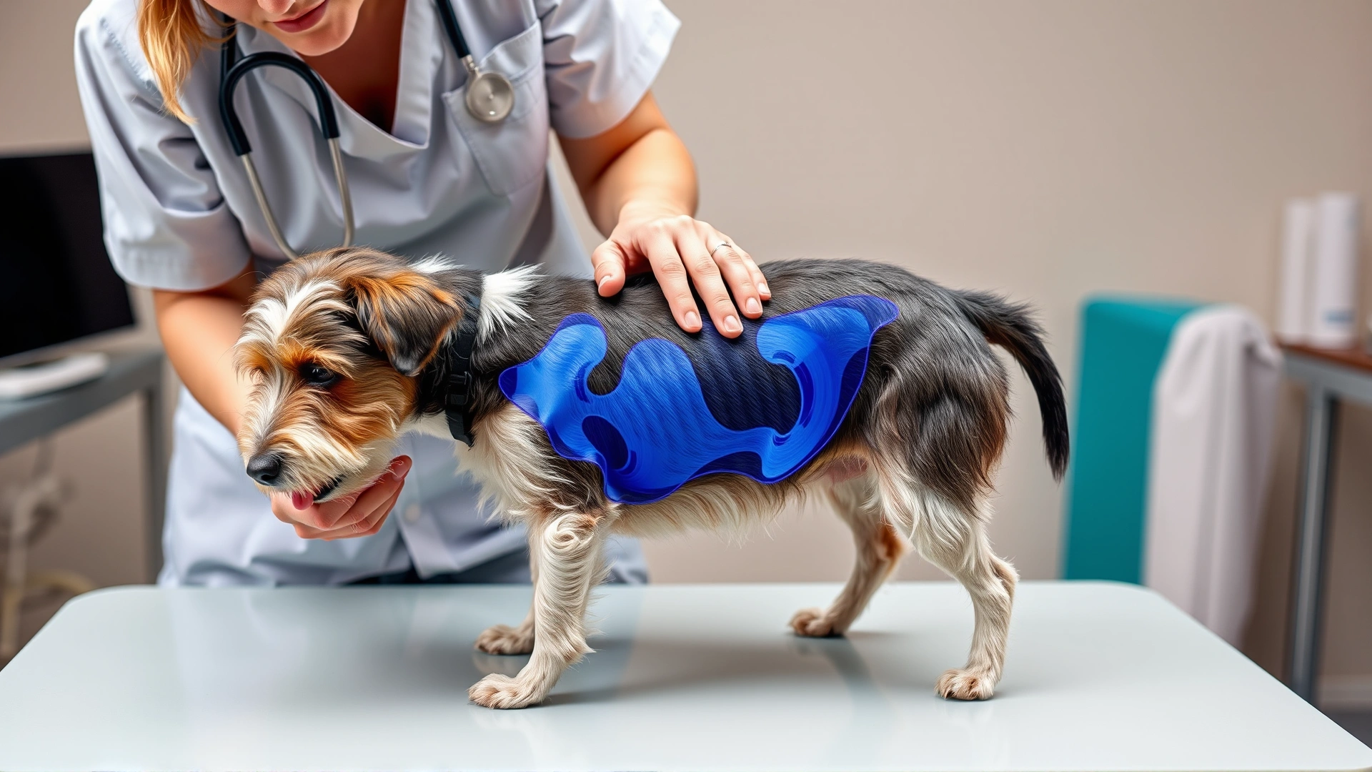 Veterinarian examining the hips of a Glen of Imaal Terrier on an exam table, illustrating responsible health screening