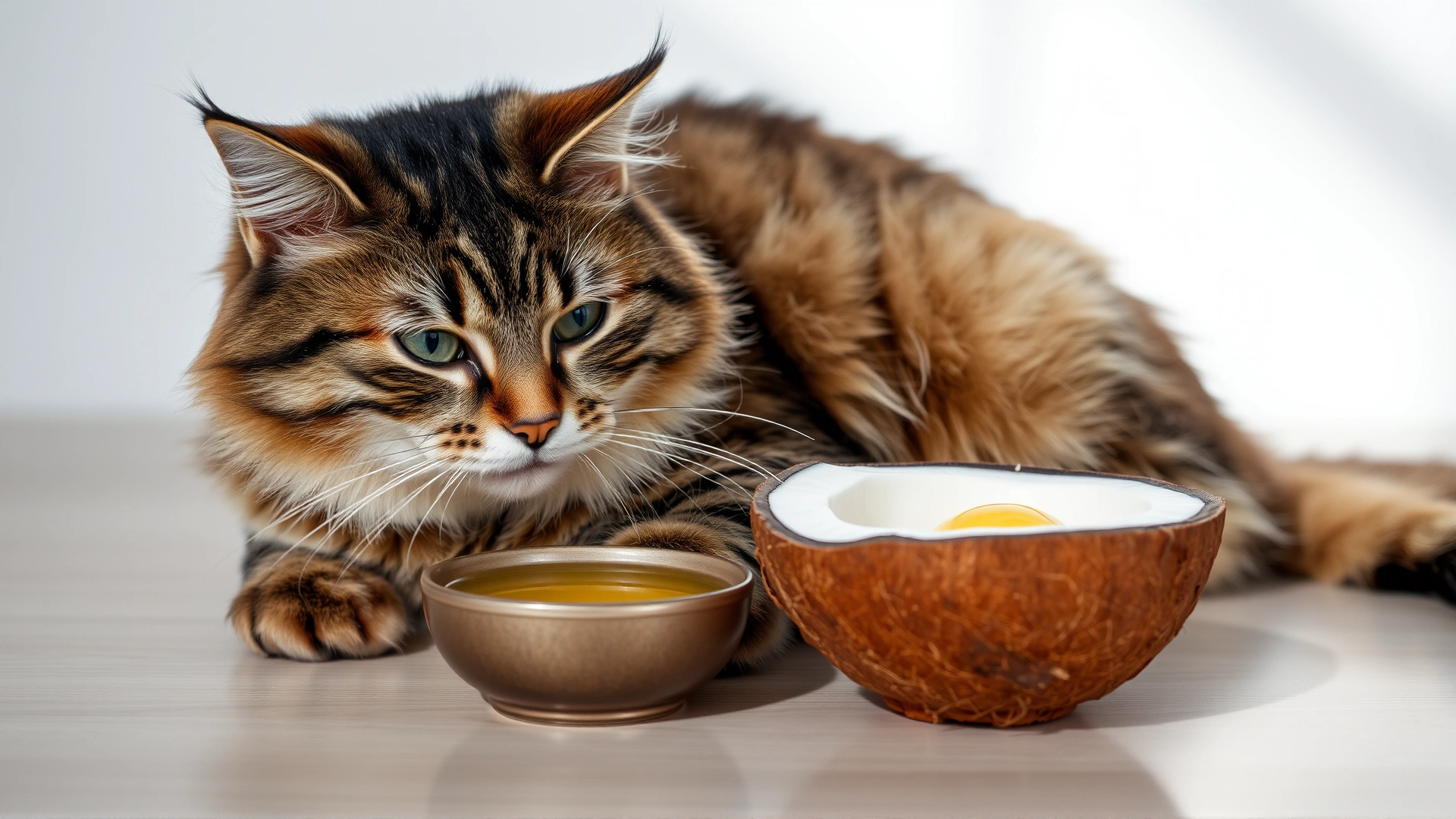Healthy tabby cat with a glossy coat lounging comfortably near a small bowl of coconut oil and half a coconut, soft natural daylight