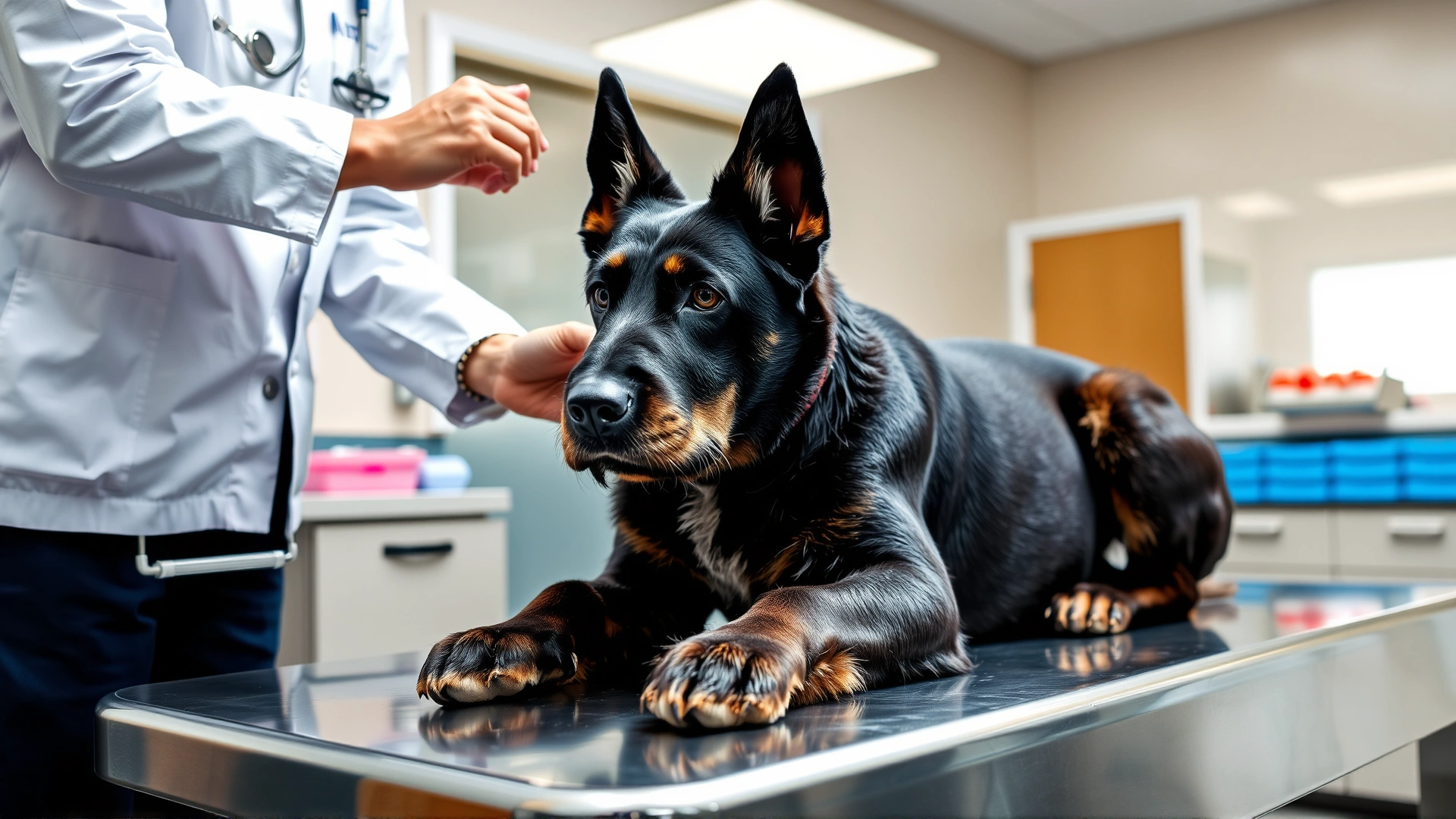 Veterinarian performing a routine physical exam on a relaxed Beauceron on a stainless steel clinic table, modern veterinary clinic backdrop.