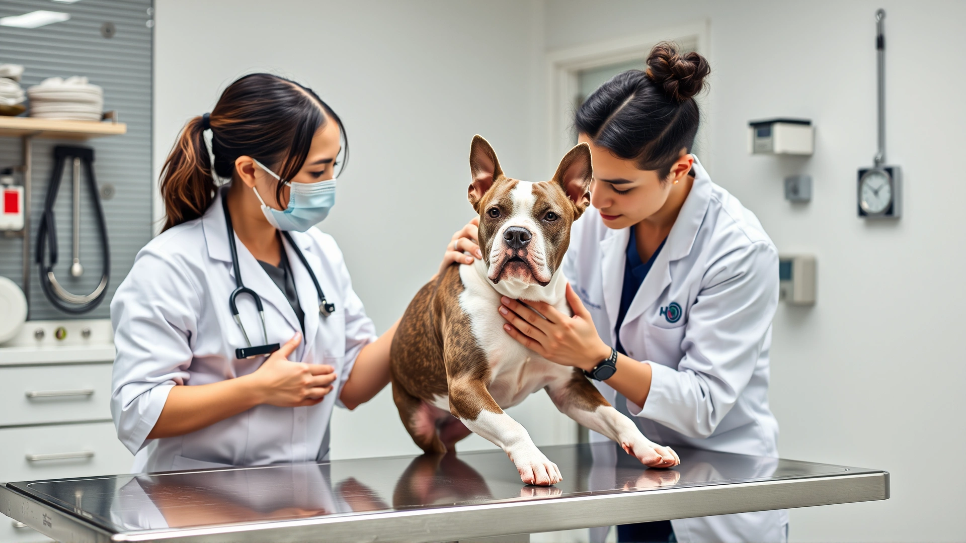 Veterinarian gently examining an adult American Pit Bull Terrier on a stainless steel exam table in a modern veterinary clinic