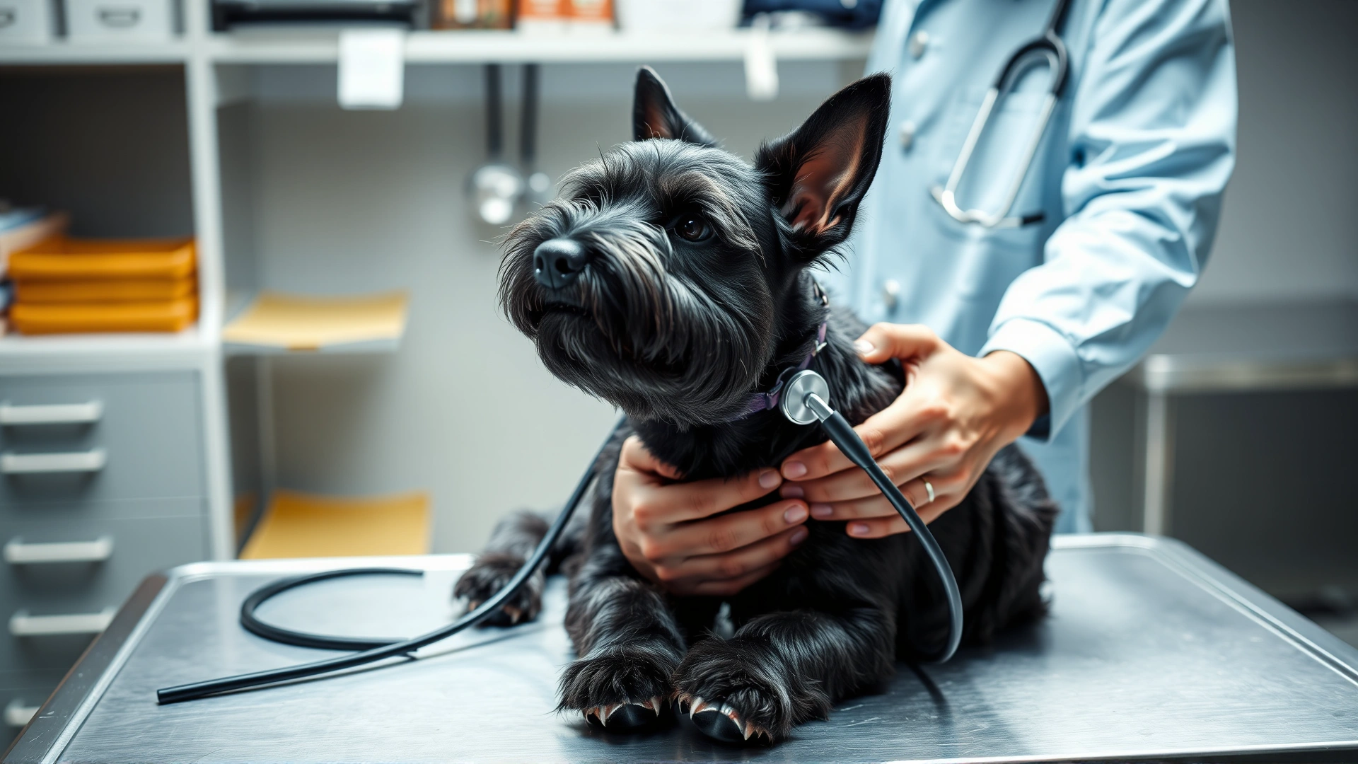 Veterinarian examining a Black Russian Terrier on a stainless steel exam table, using a stethoscope on the dog's chest.