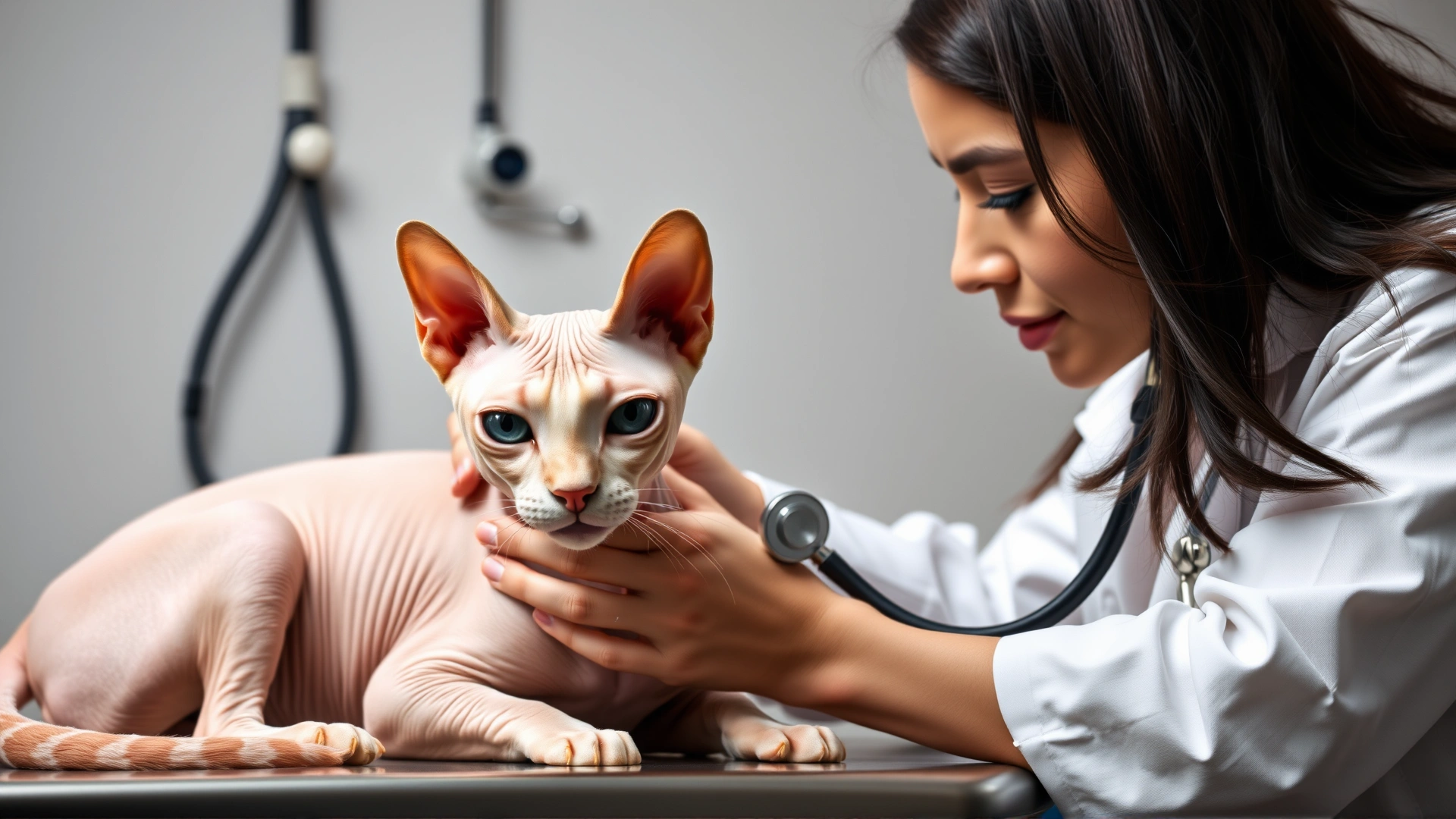 Veterinarian using a stethoscope to examine a calm Sphynx cat on an examination table, clinical background, no text.