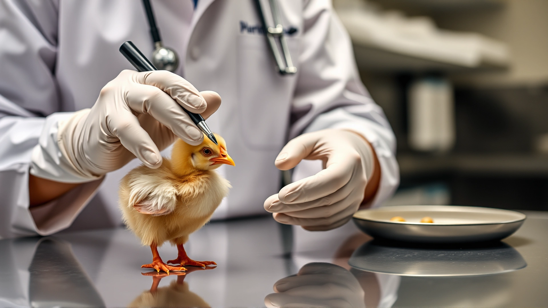 Poultry veterinarian wearing gloves gently examining a baby chick on a clinic table