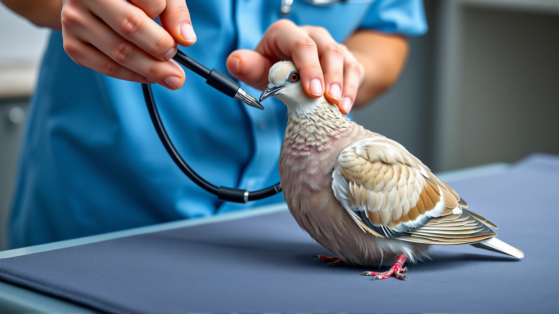 Close-up of a veterinarian examining a dove with a stethoscope on a padded table