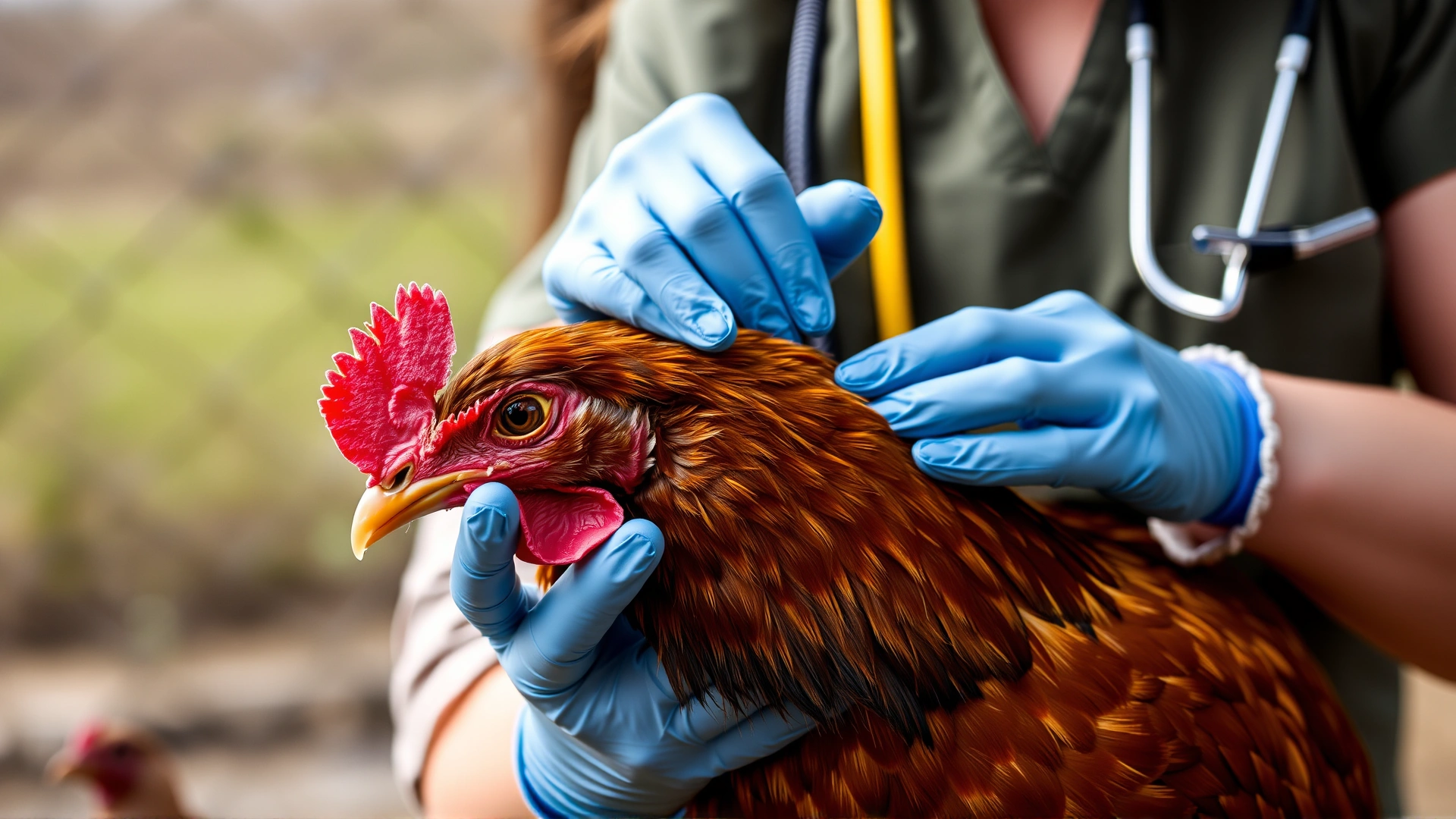 Female veterinarian wearing gloves gently examining a brown hen outdoors.