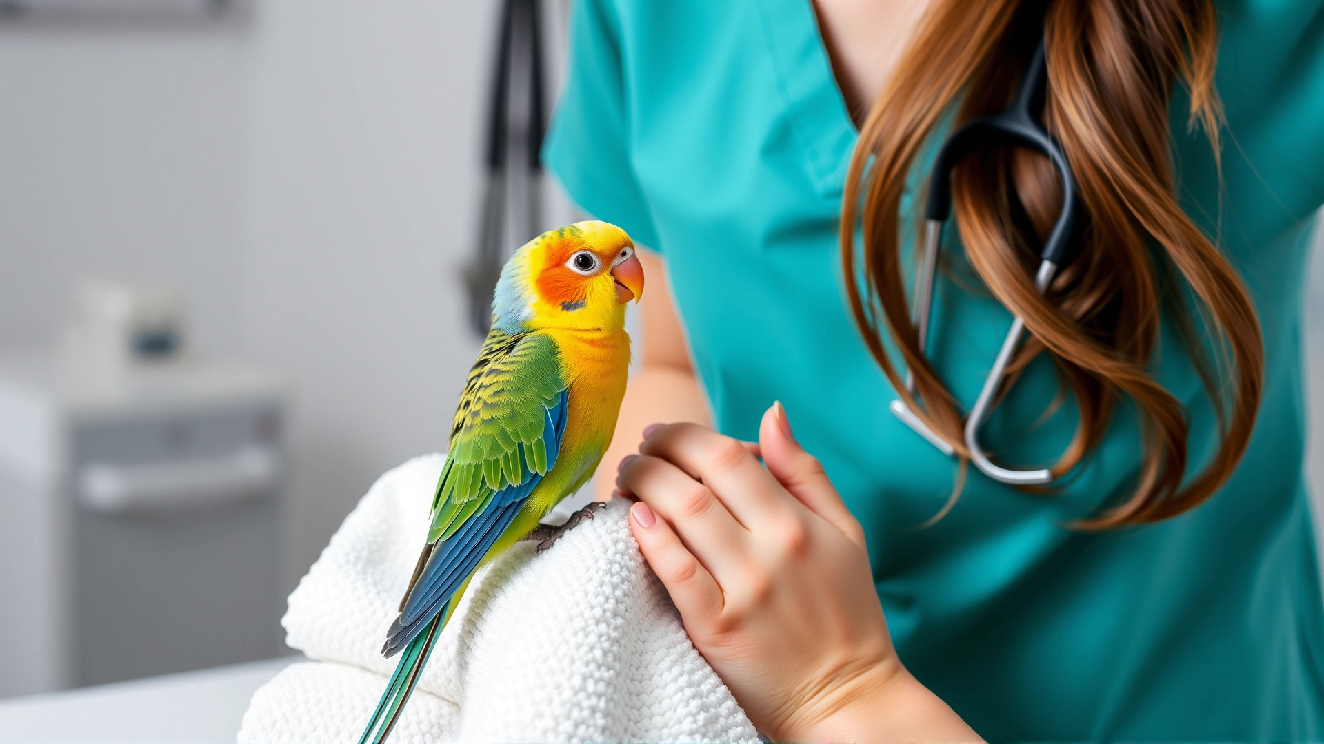 An avian veterinarian wearing teal scrubs gently examining a lovebird perched on a soft white towel; veterinary instruments softly blurred in the background.