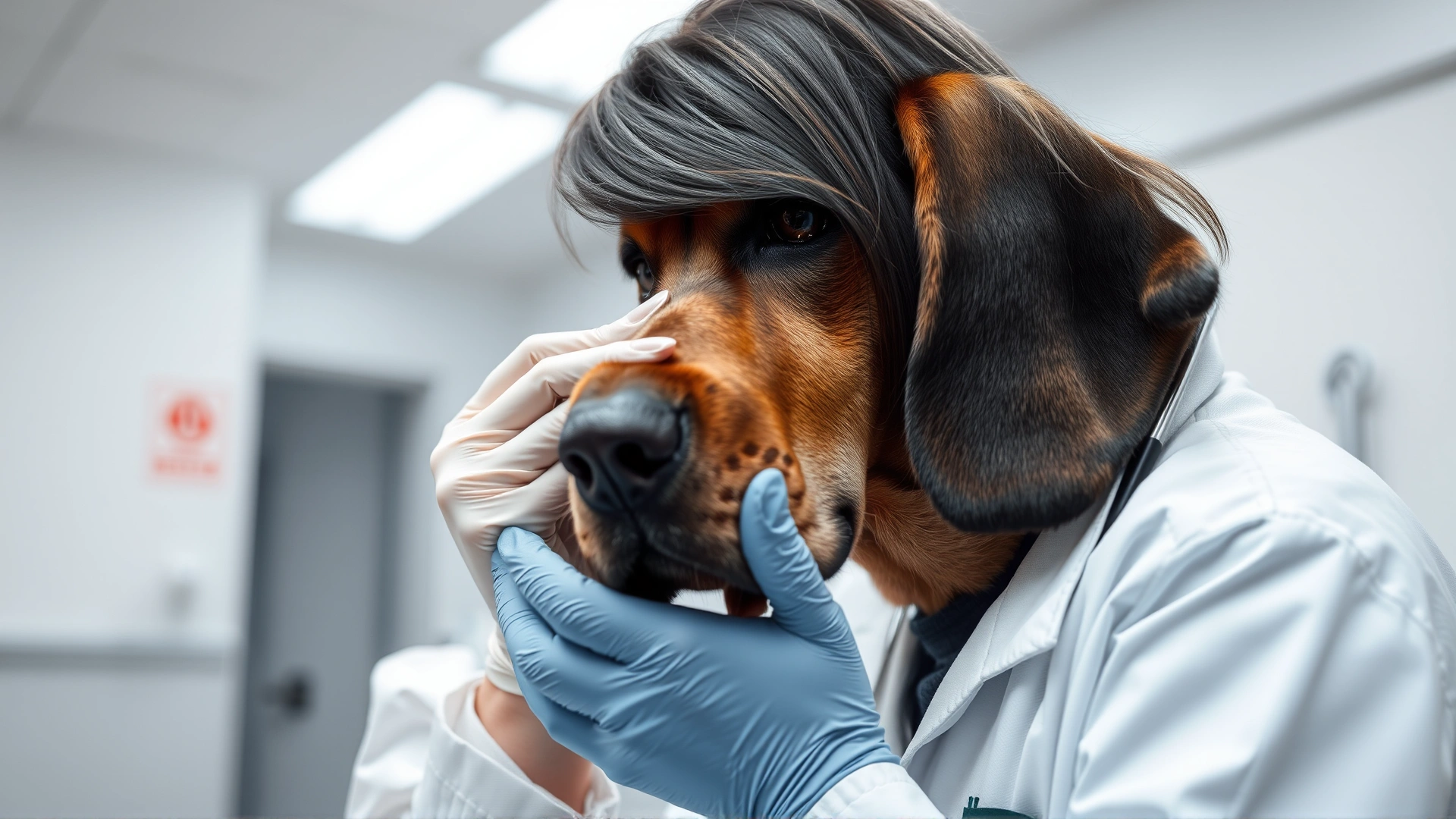 Veterinarian examining a Bloodhound’s ear in a modern clinic, showing care and professional environment